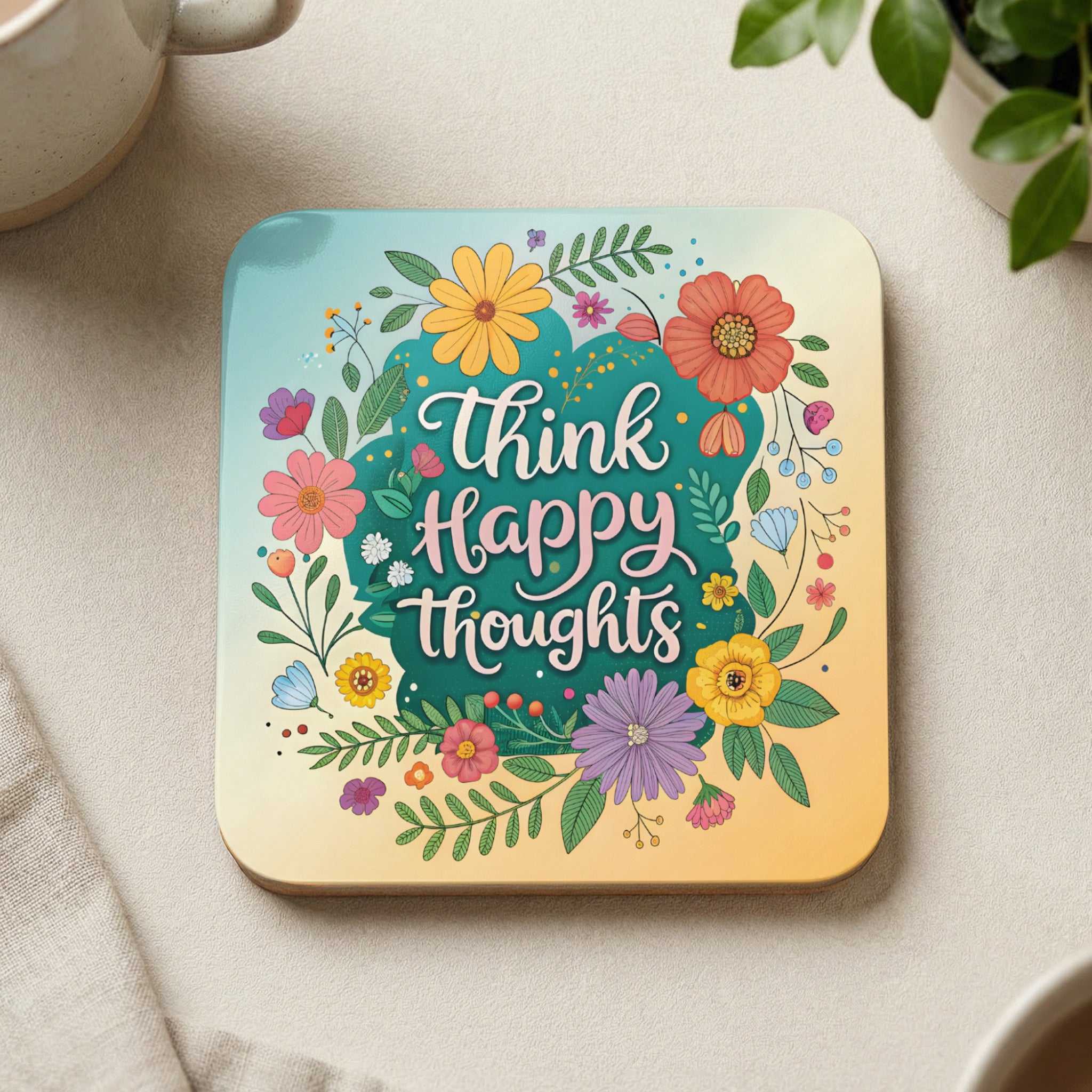 Square coaster with "Think Happy Thoughts" surrounded by colorful flowers and leaves.