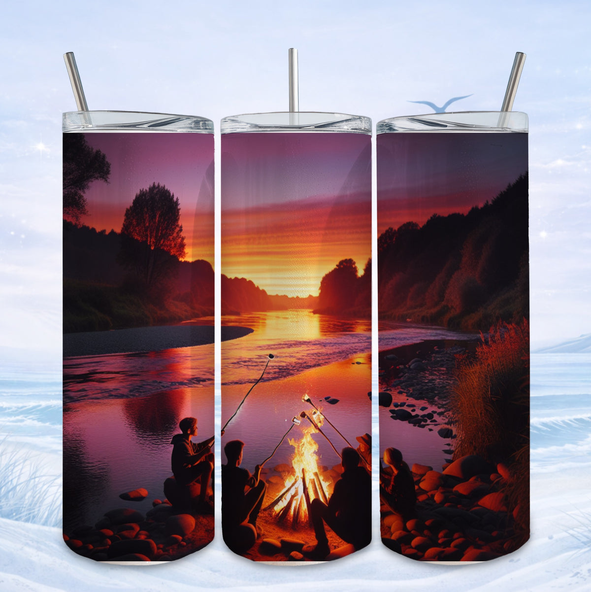 Campfire scene with people roasting marshmallows at sunset.