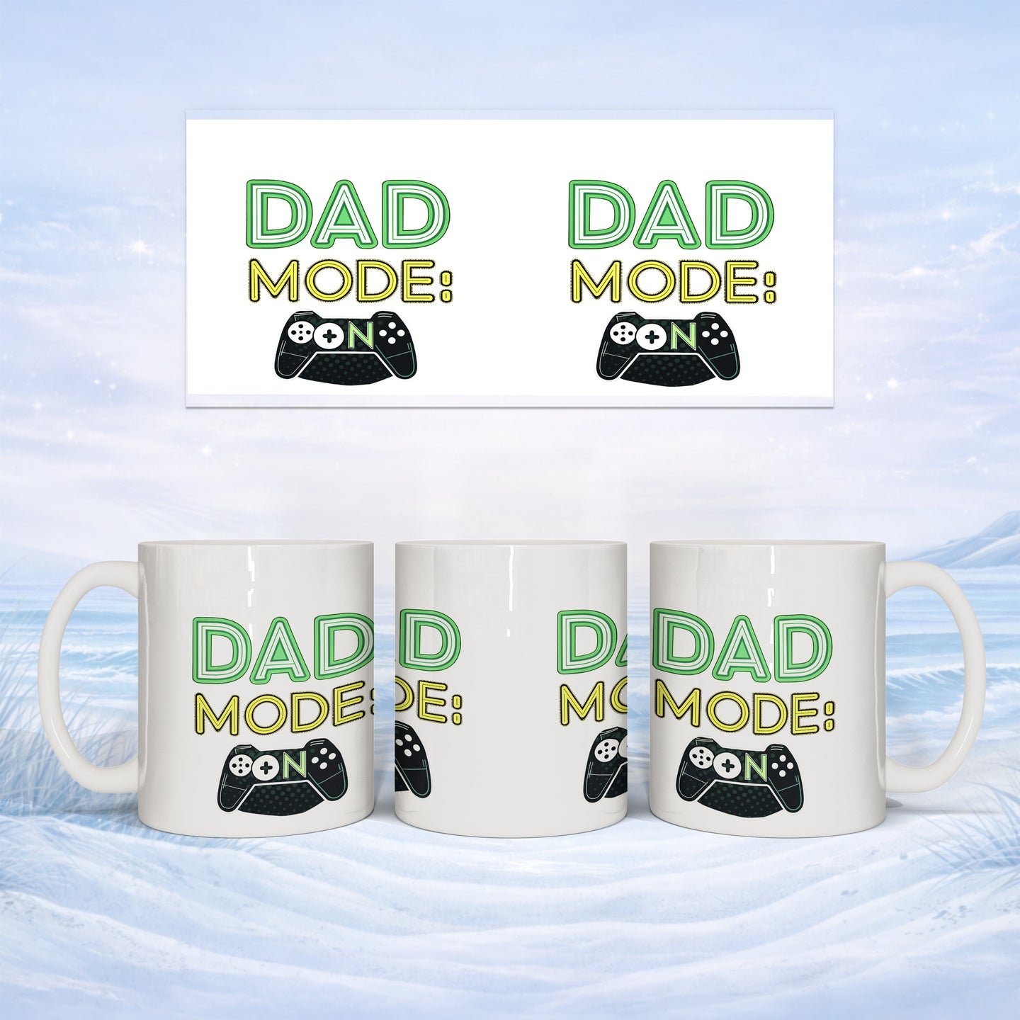 White mug with green "DAD MODE: ON" text and game controller graphic.