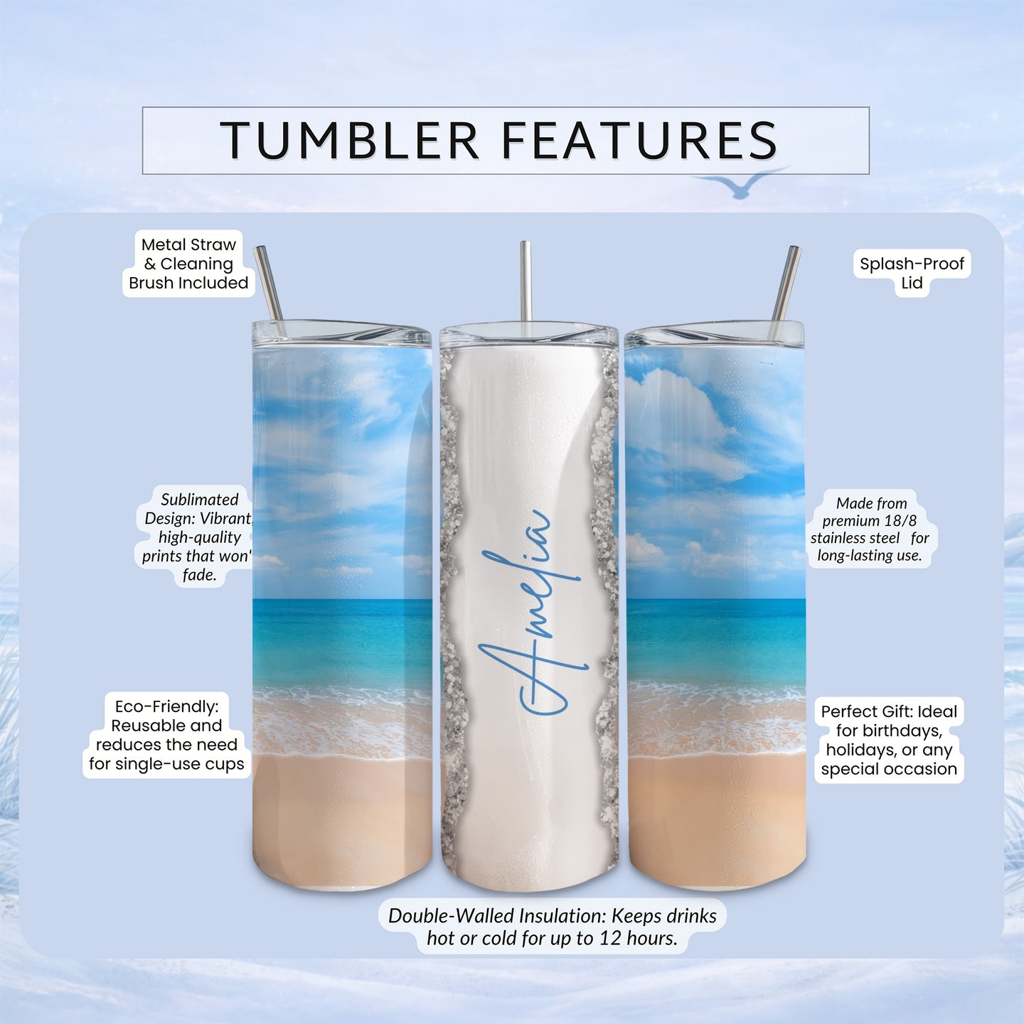 Tumbler with "Amelia" script, ocean print, metal straw, and insulation features.