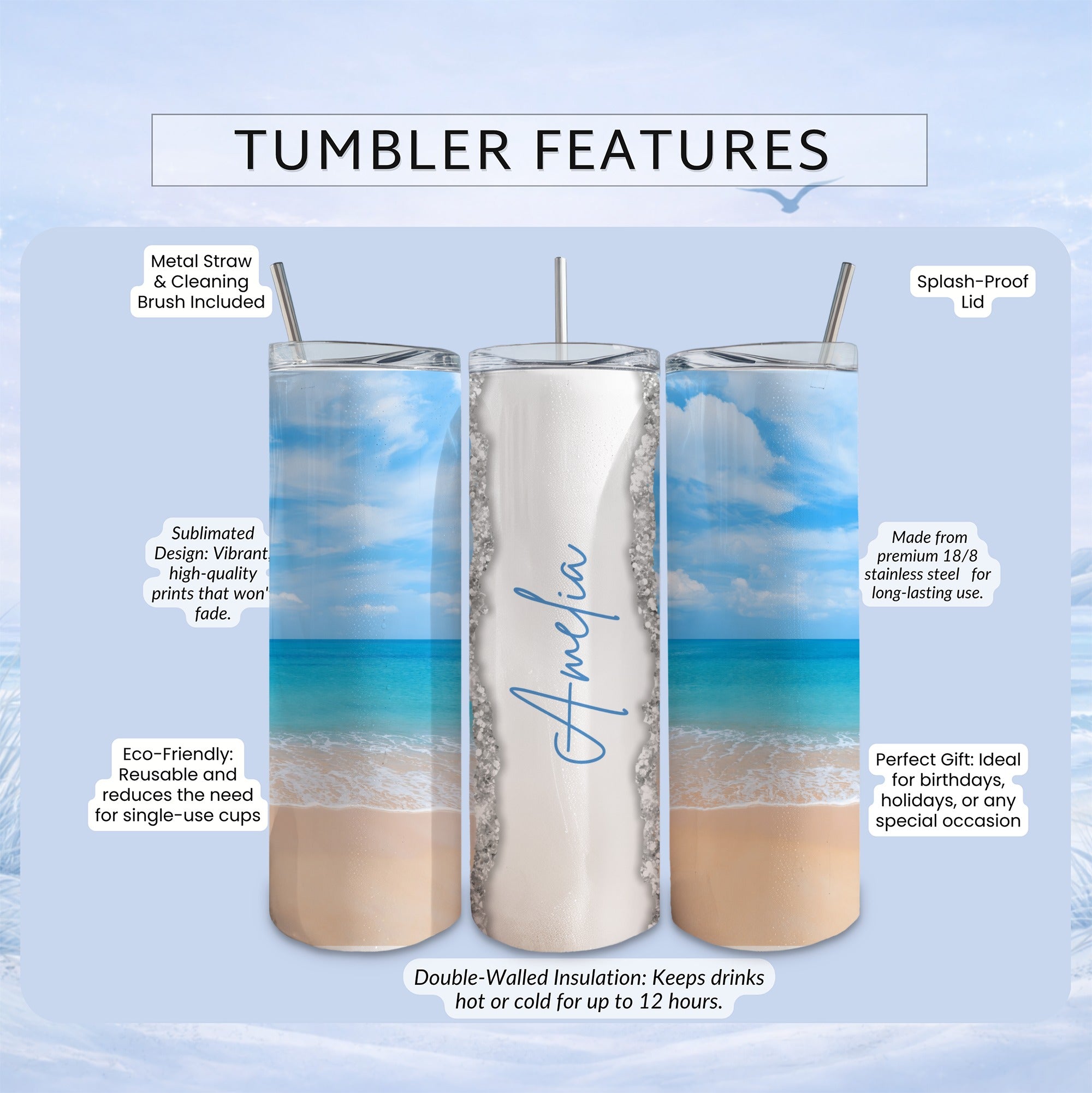 Tumbler with "Amelia" script, ocean print, metal straw, and insulation features.