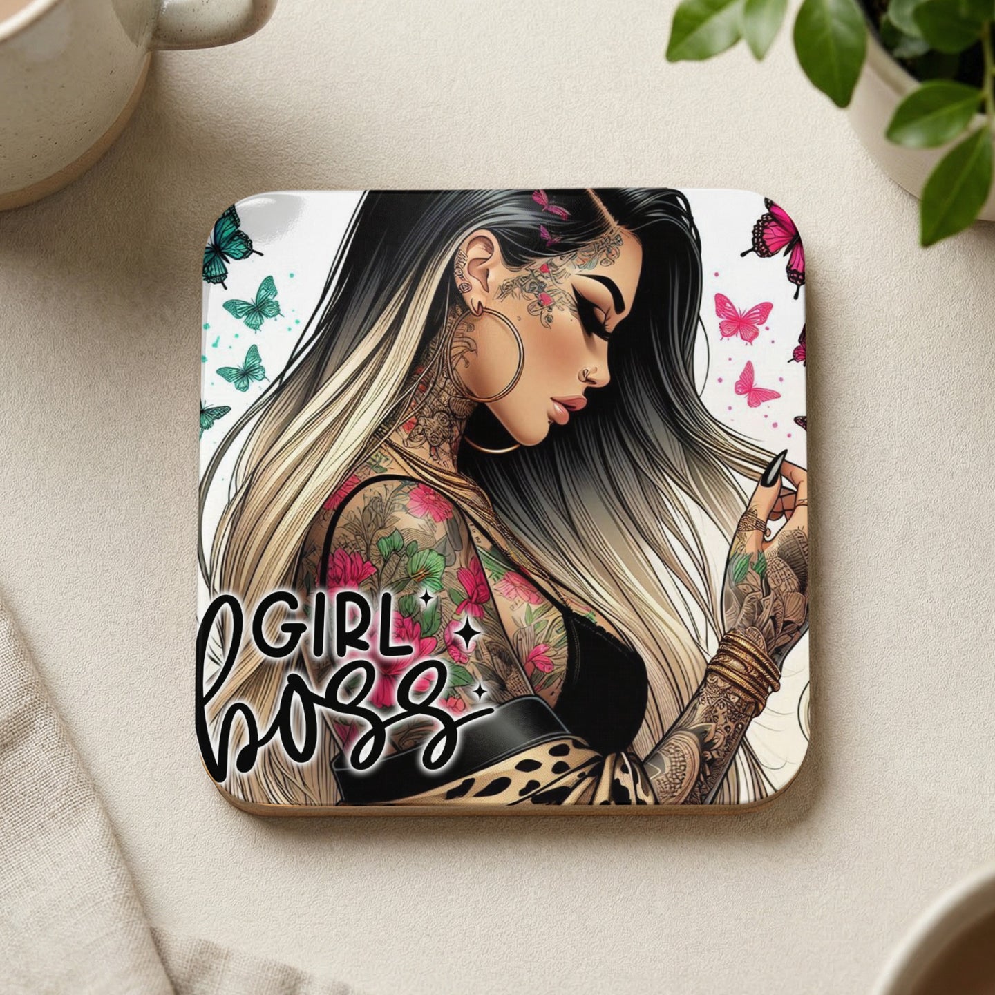 Square coaster with a tattooed woman and "Girl Boss" text.