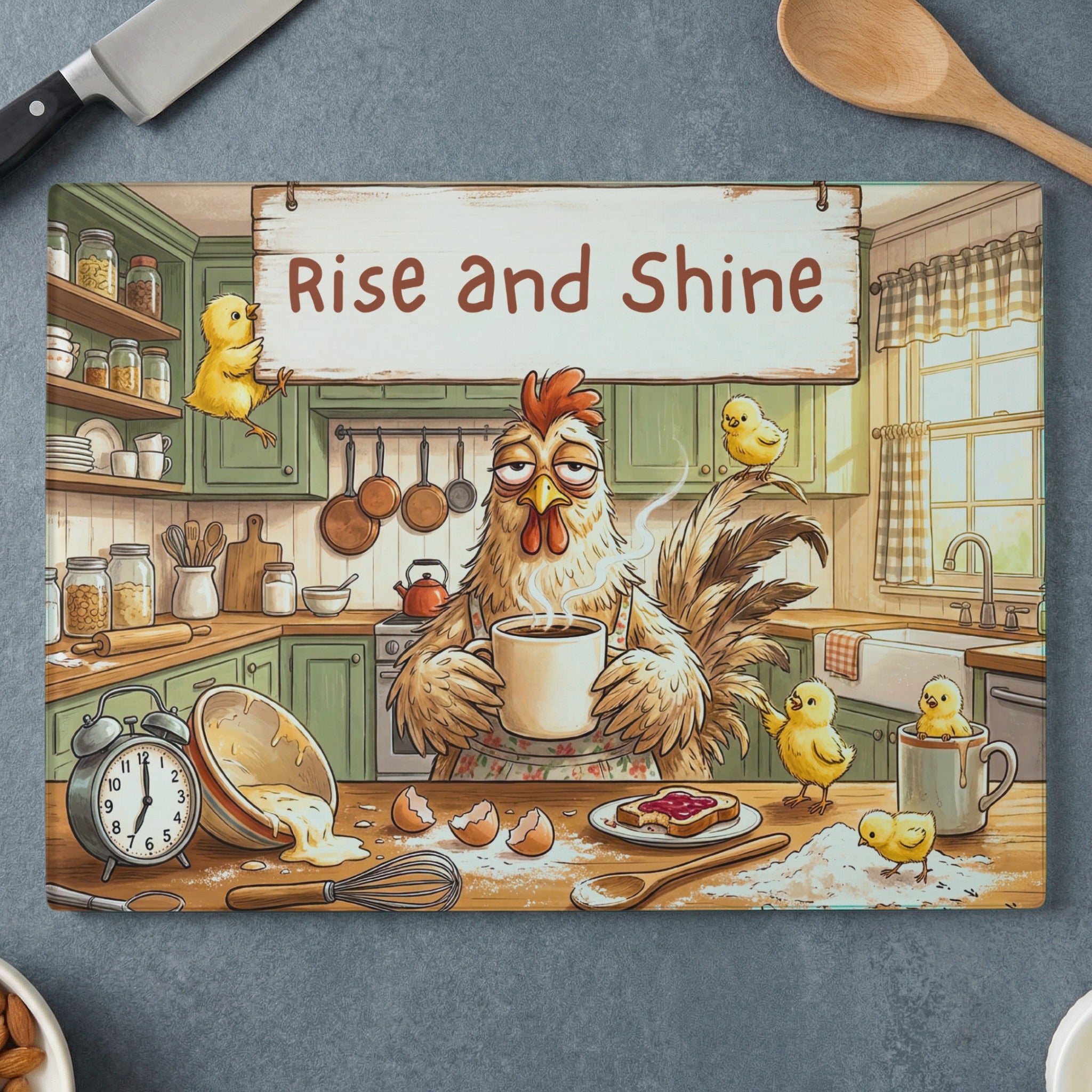 Rooster and chicks in kitchen with "Rise and Shine" text.