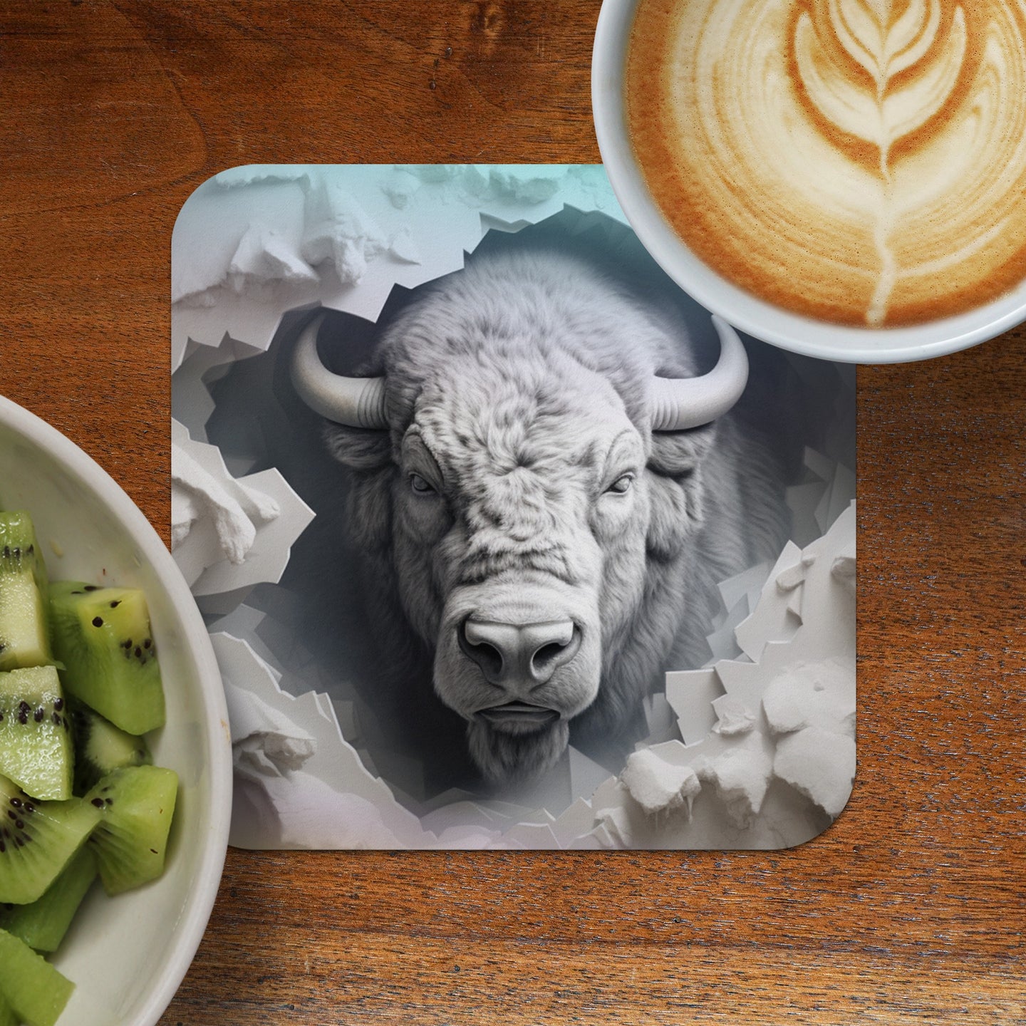 White buffalo bursting through torn paper, with coffee and kiwi.
