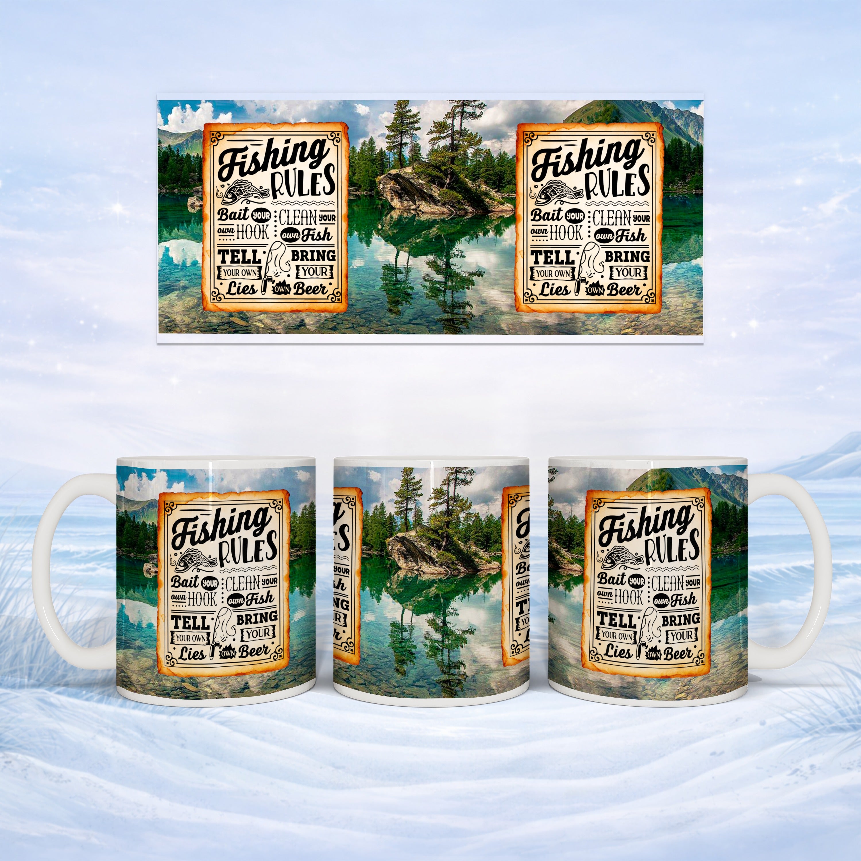 Mug featuring "Fishing Rules" with rules about bait, hook, fish, lies, and beer.