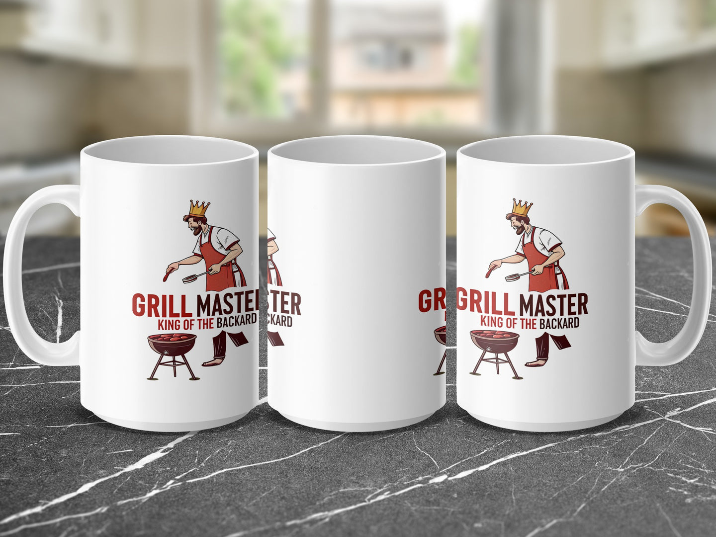 White mug with "Grill Master King of the Backyard" graphic and barbecue illustration.