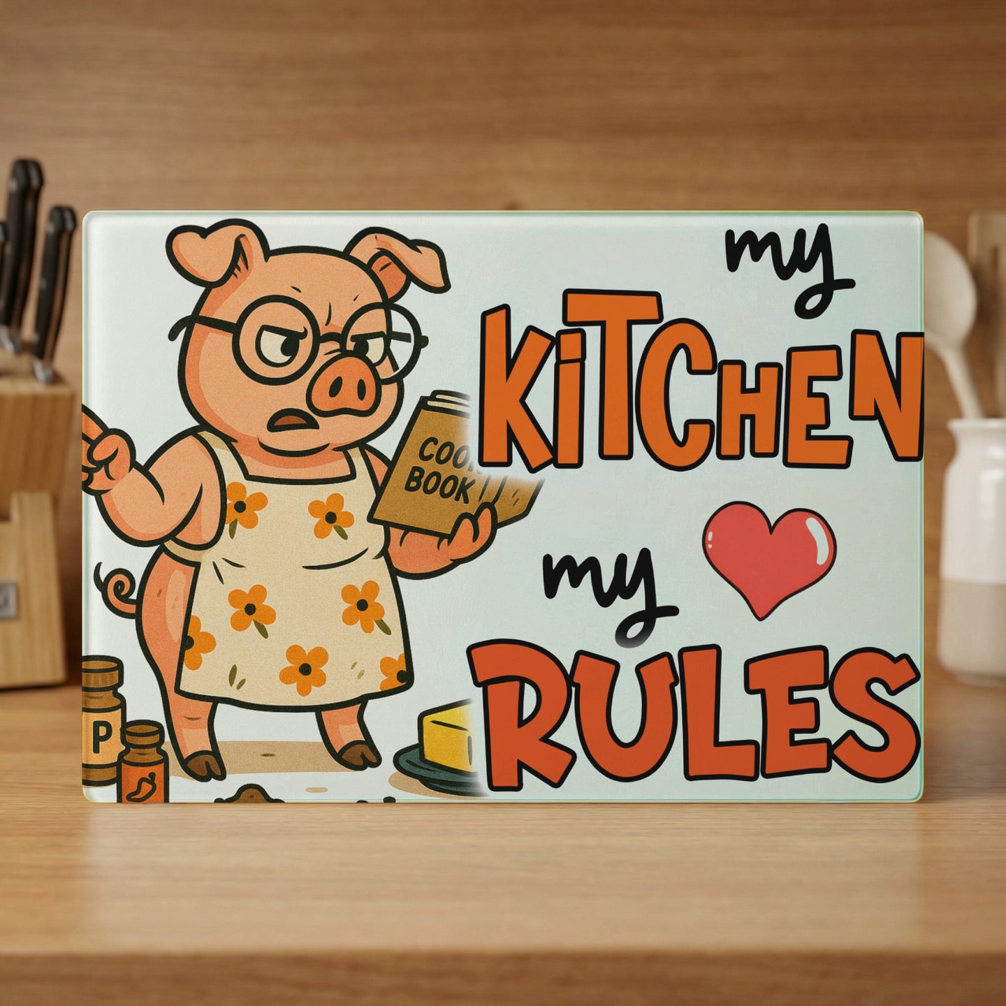 Pig in apron holds cookbook, "My Kitchen My Rules" text, cutting board.