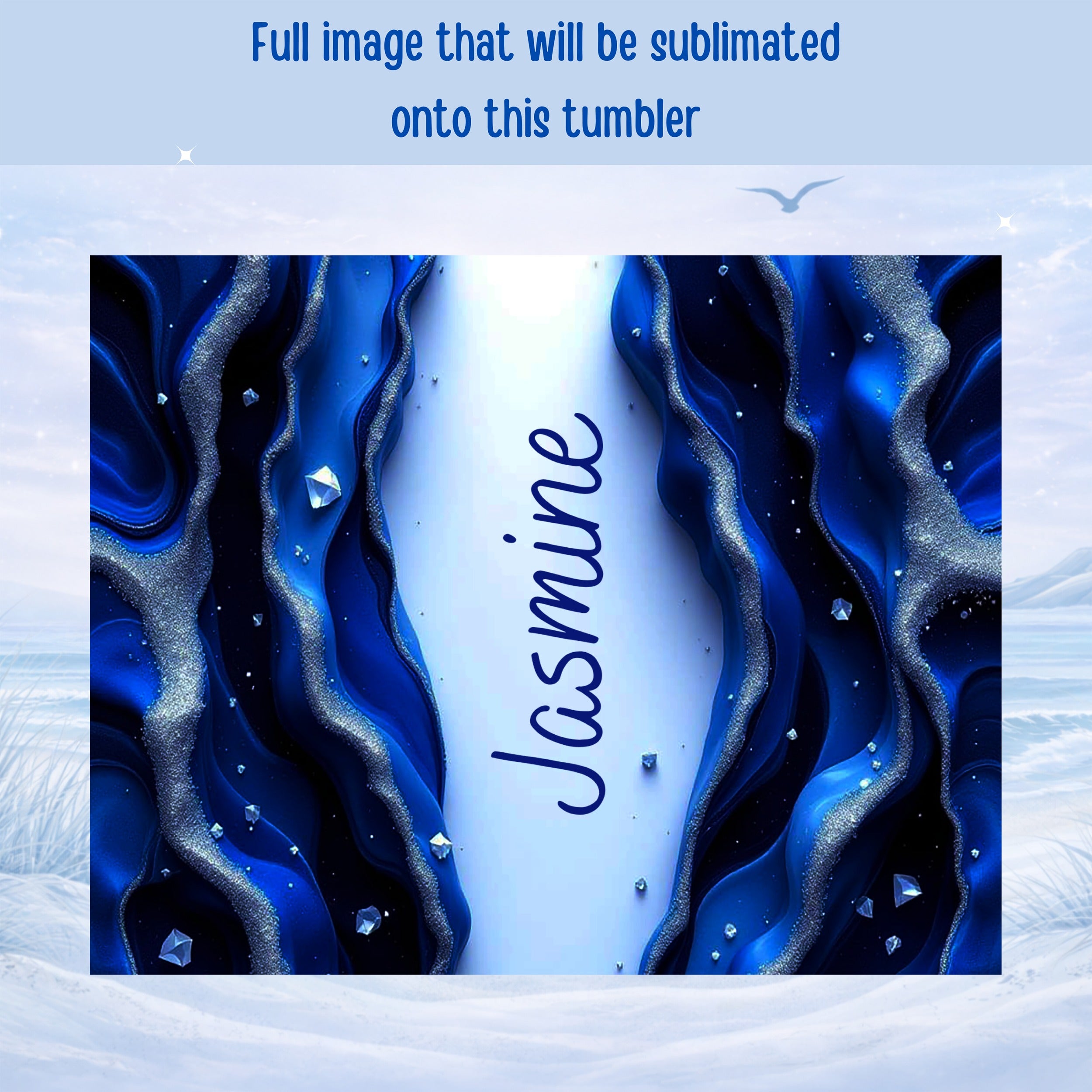 Blue and silver abstract design with the name "Jasmine" in the center.