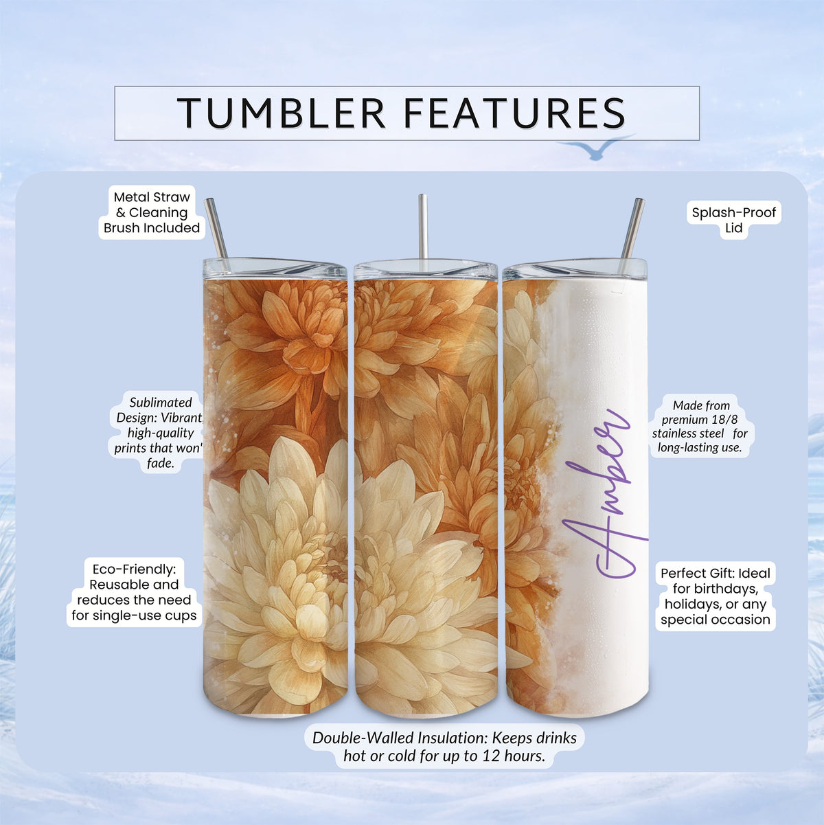 Tumbler with floral print and "Amber" name, featuring insulated design.