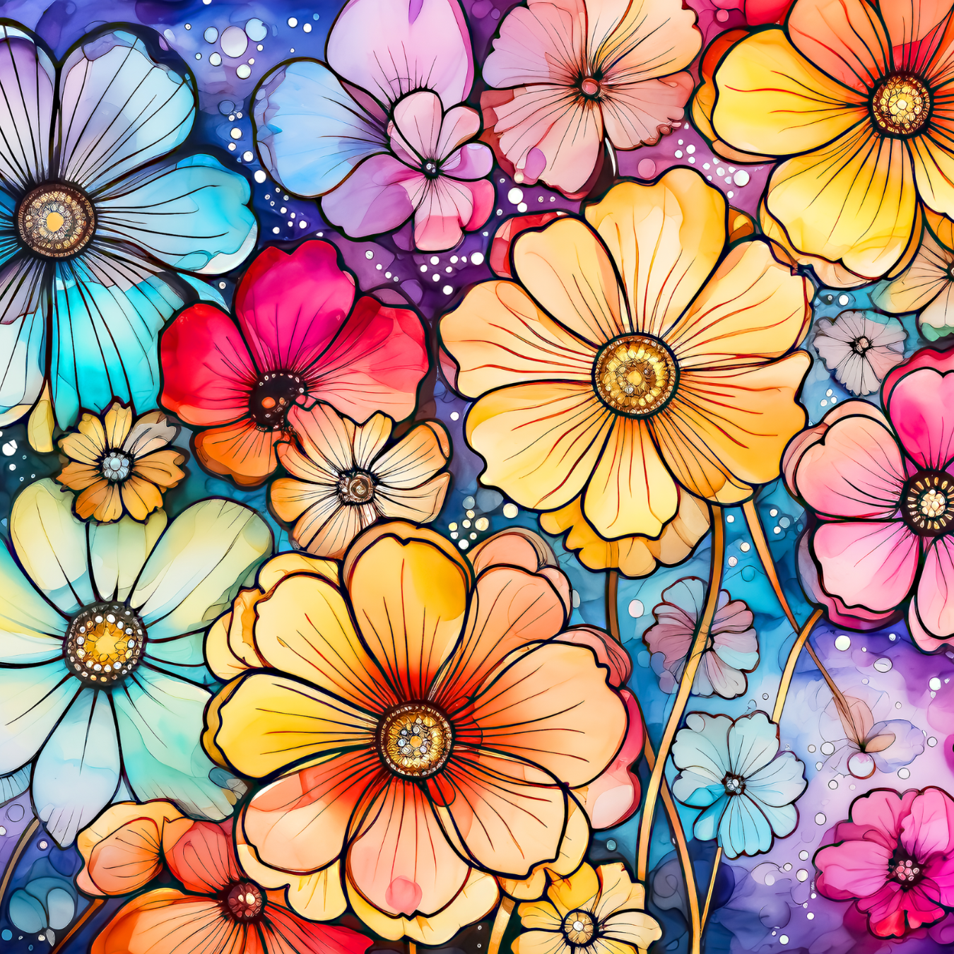 Colorful watercolor flowers with delicate outlines and vibrant petals.