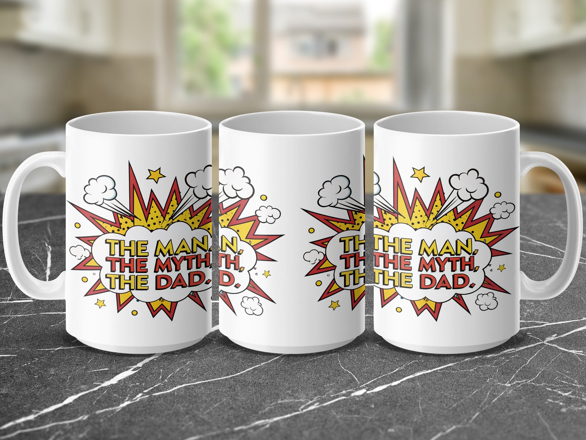 Mug with "The Man, The Myth, The Dad" text in a comic book style.