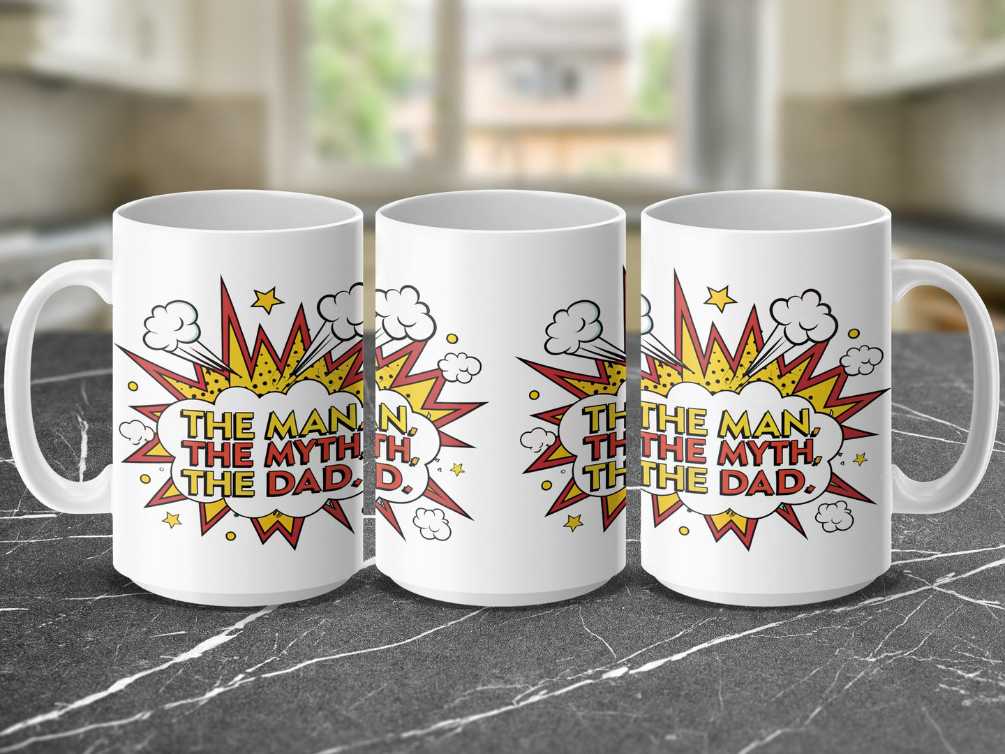 Mug with "The Man, The Myth, The Dad" text in a comic book style.
