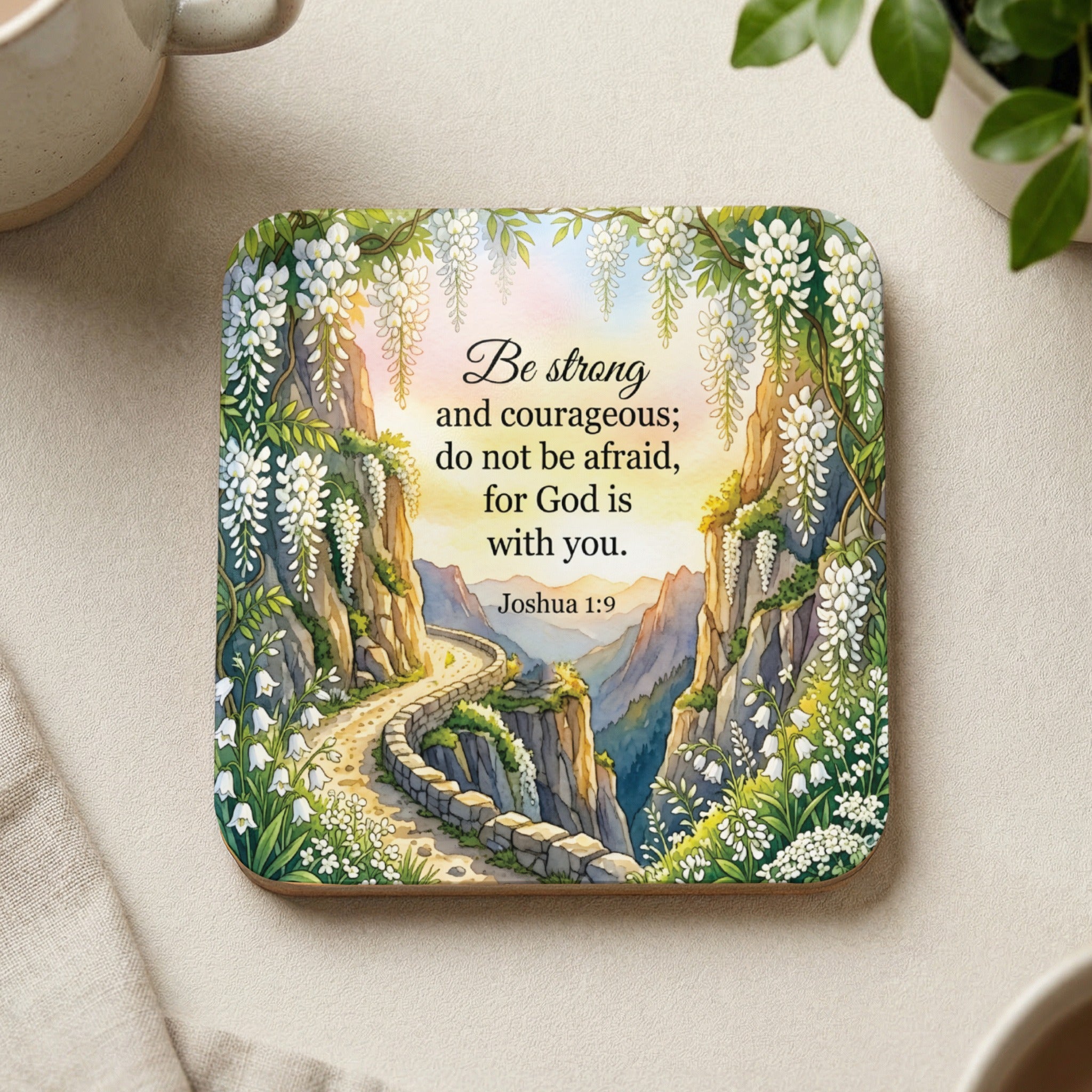 Coaster with quote "Be strong and courageous; do not be afraid, for God is with you. Joshua 1:9".