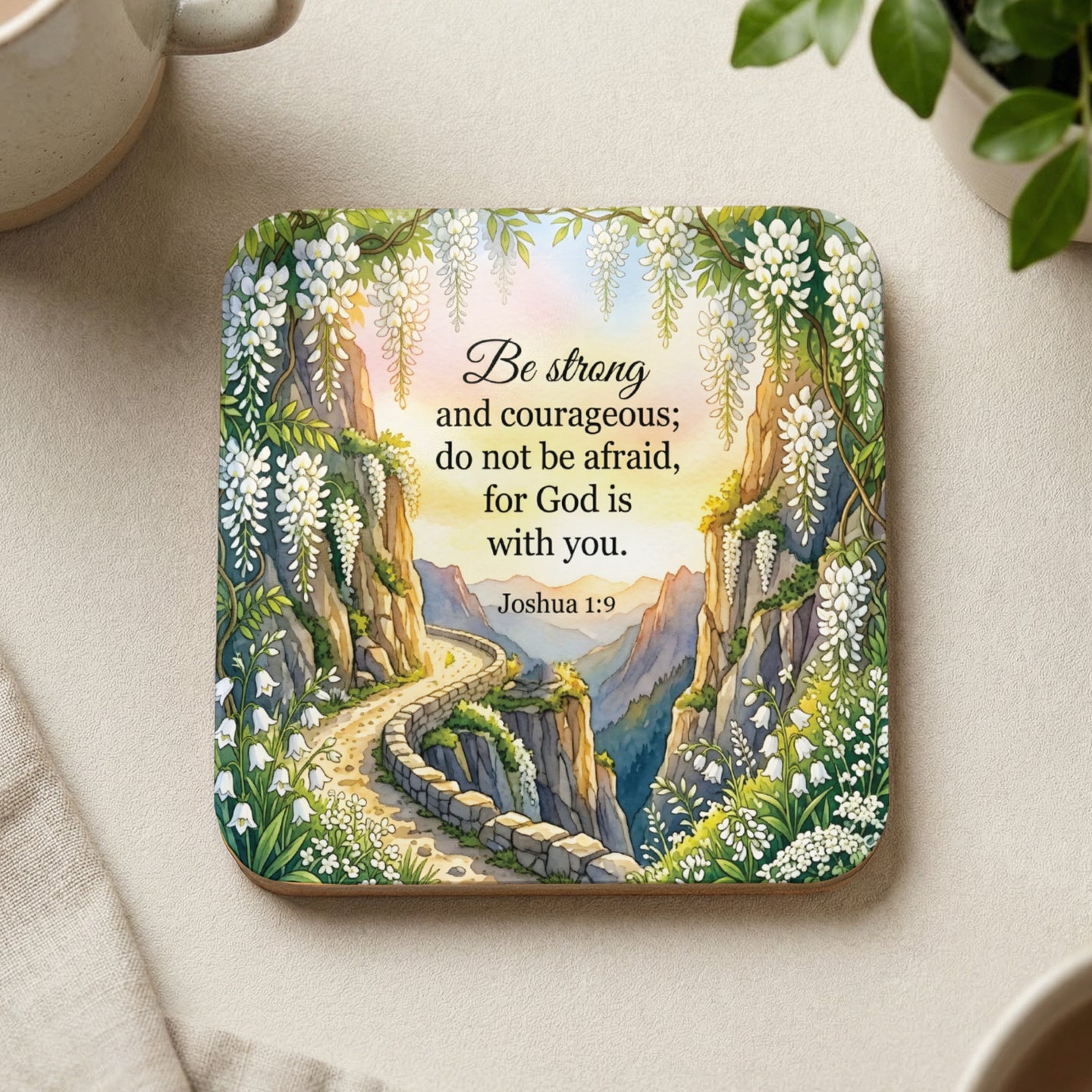 Coaster with quote "Be strong and courageous; do not be afraid, for God is with you. Joshua 1:9".