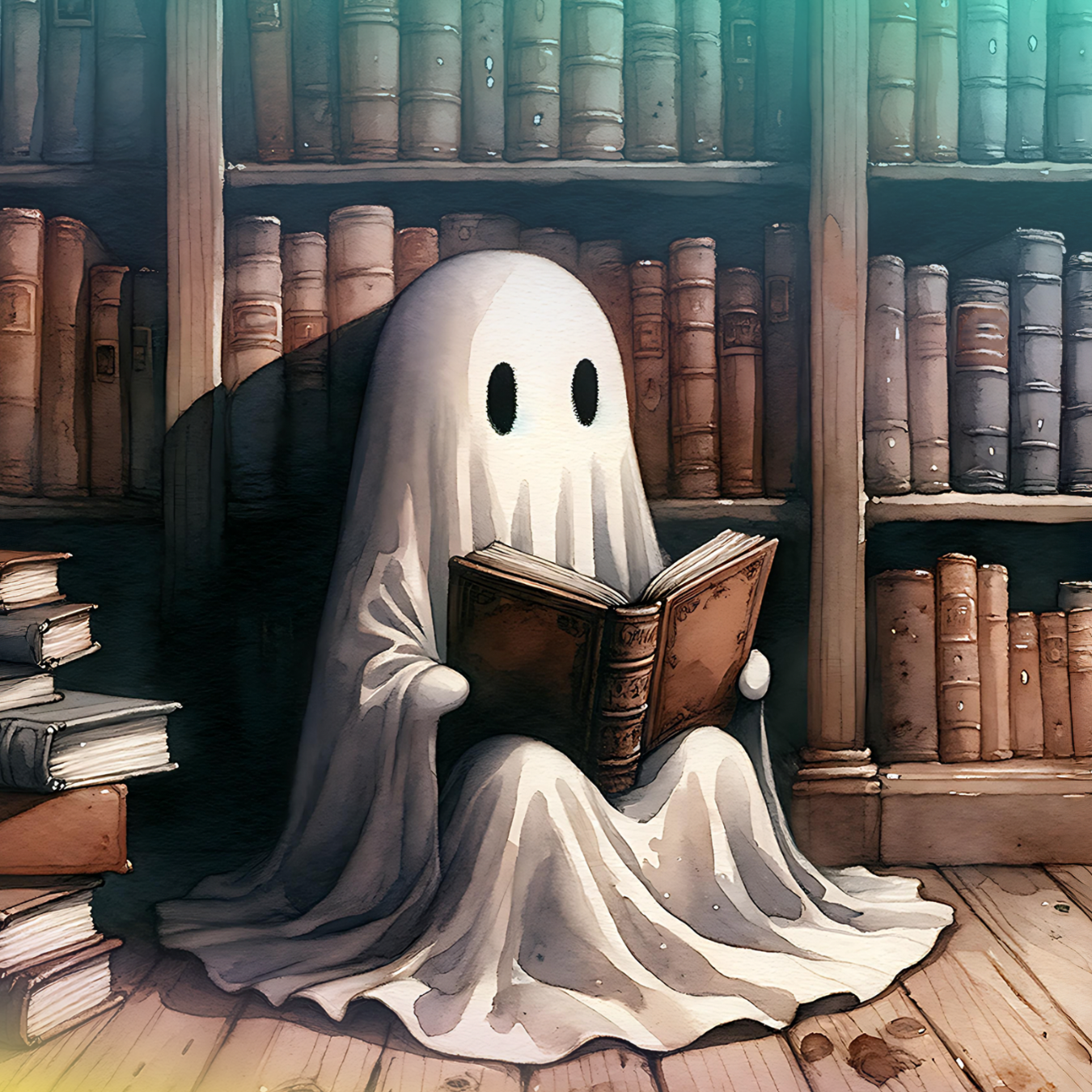 Ghost reading a book in a library among bookshelves.