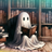 Ghost reading a book in a library among bookshelves.