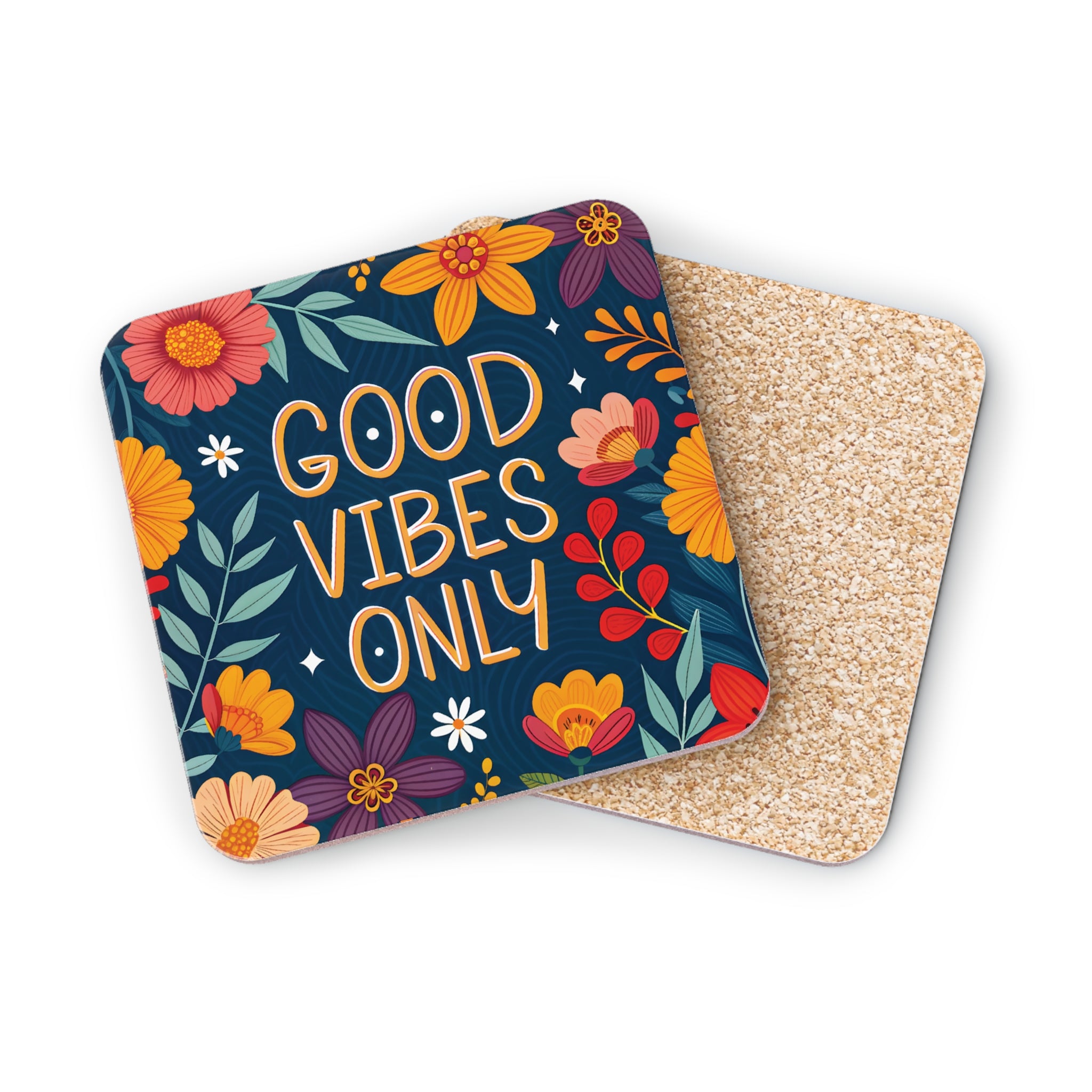 Coasters with "Good Vibes Only" text and colorful floral pattern.