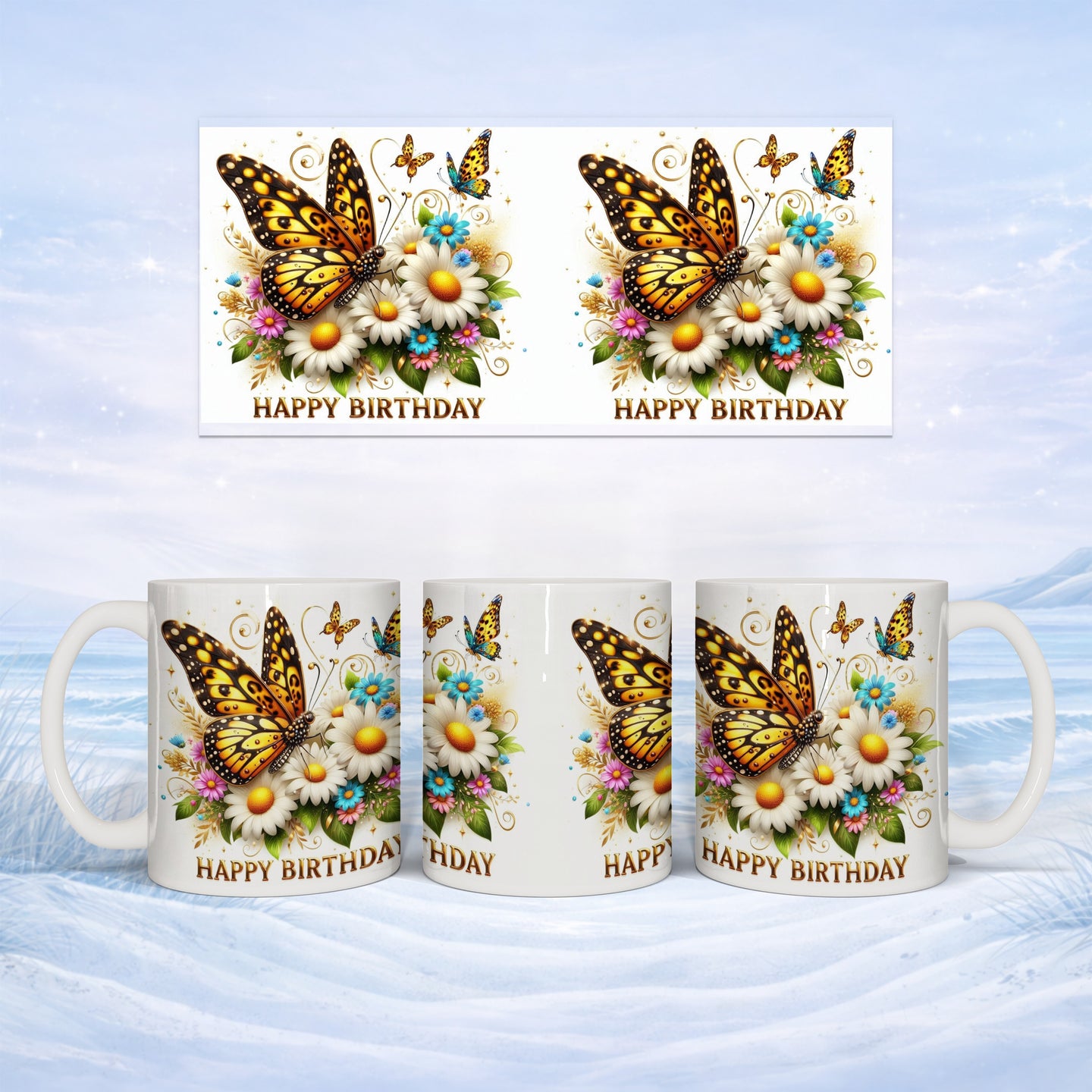 Two mugs and a card with butterflies, daisies, and "Happy Birthday" text.