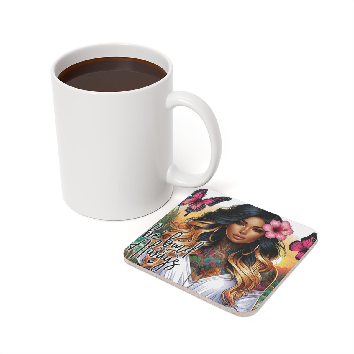 Mug of coffee next to coaster with tattooed woman and butterflies.