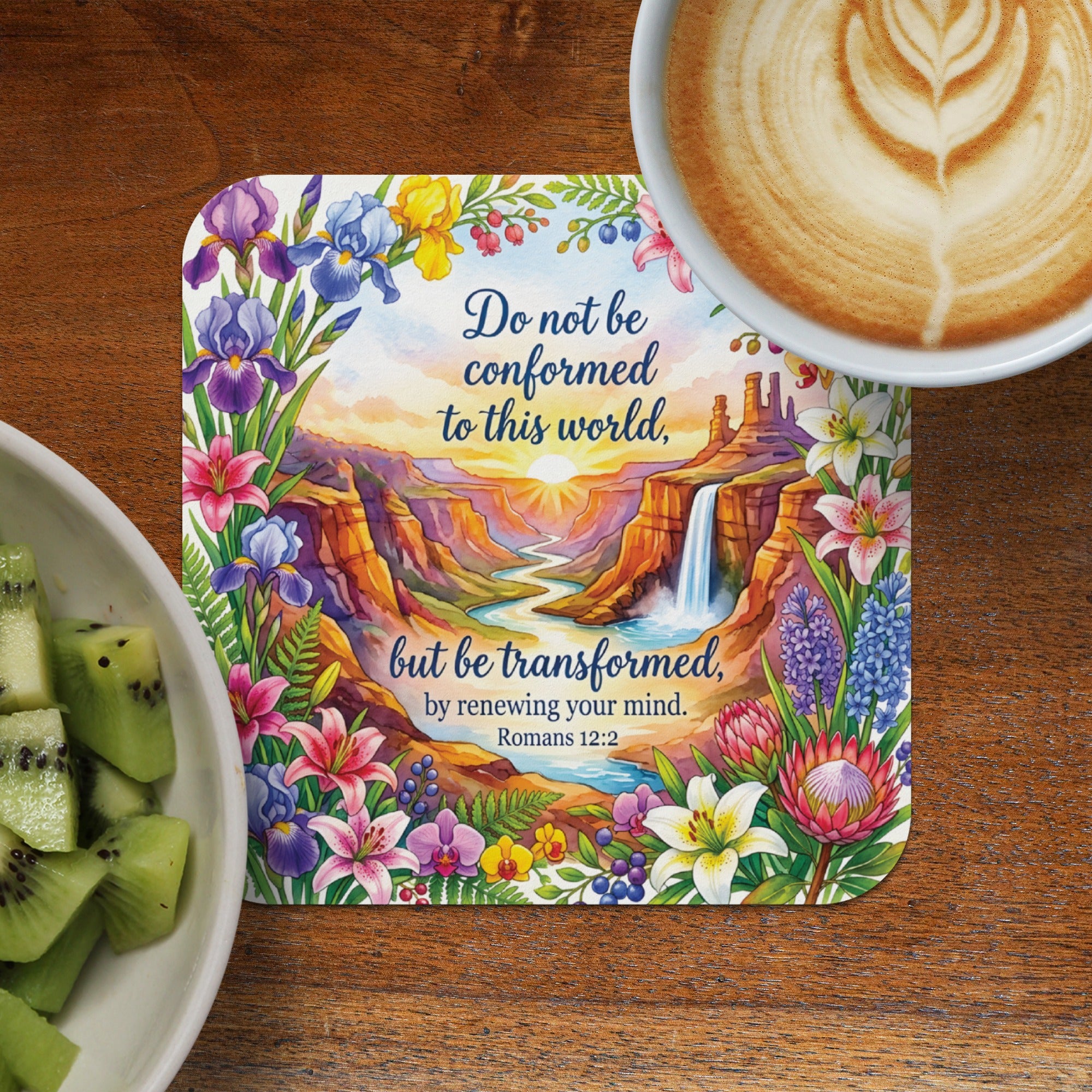 Coaster with floral border and Romans 12:2 scripture about renewing the mind.
