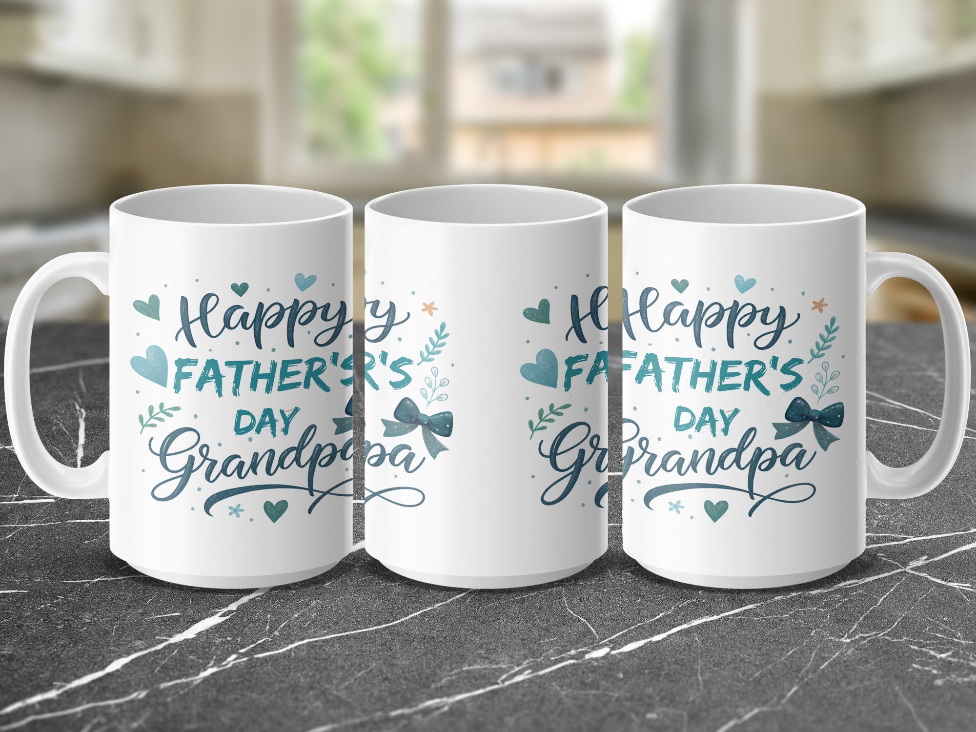 Three white ceramic mugs with "Happy Father's Day Grandpa" text.