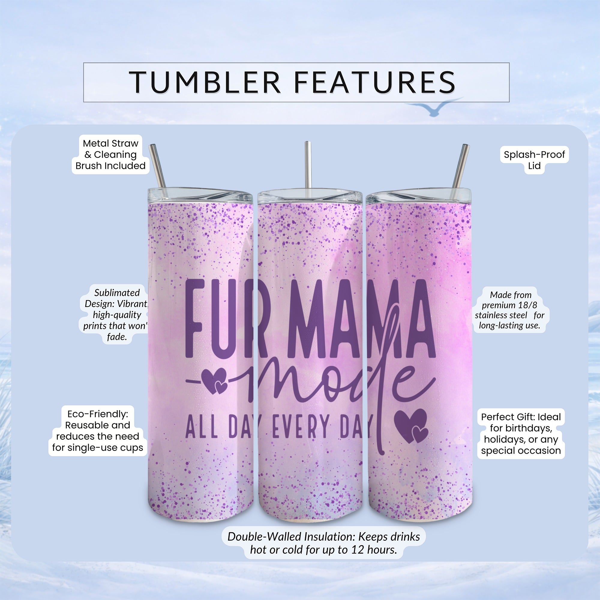 Tumbler with "Fur Mama" design, featuring text about features and benefits.