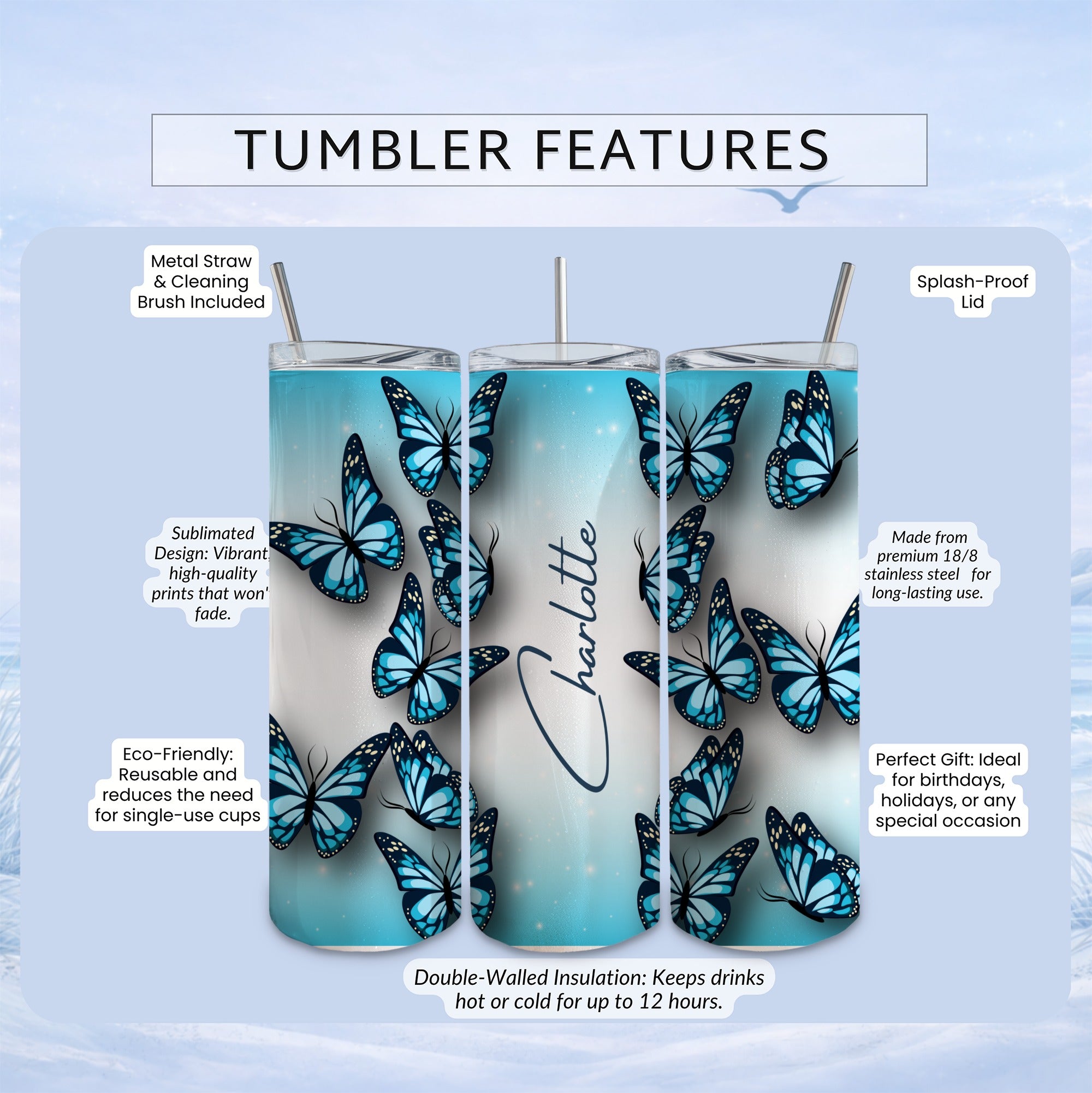 Blue butterfly tumbler with "Charlotte" text, showing features like straw, lid, and insulation.