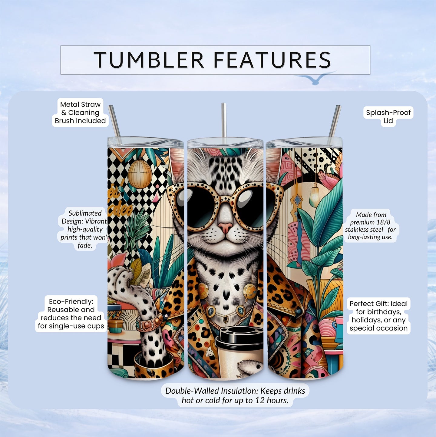 Cool cat wearing sunglasses on a tumbler with sublimation print and features.