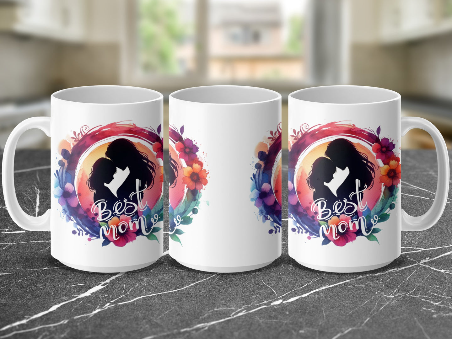Three white mugs display a colorful silhouette of a mother and child with "Best Mom" text.