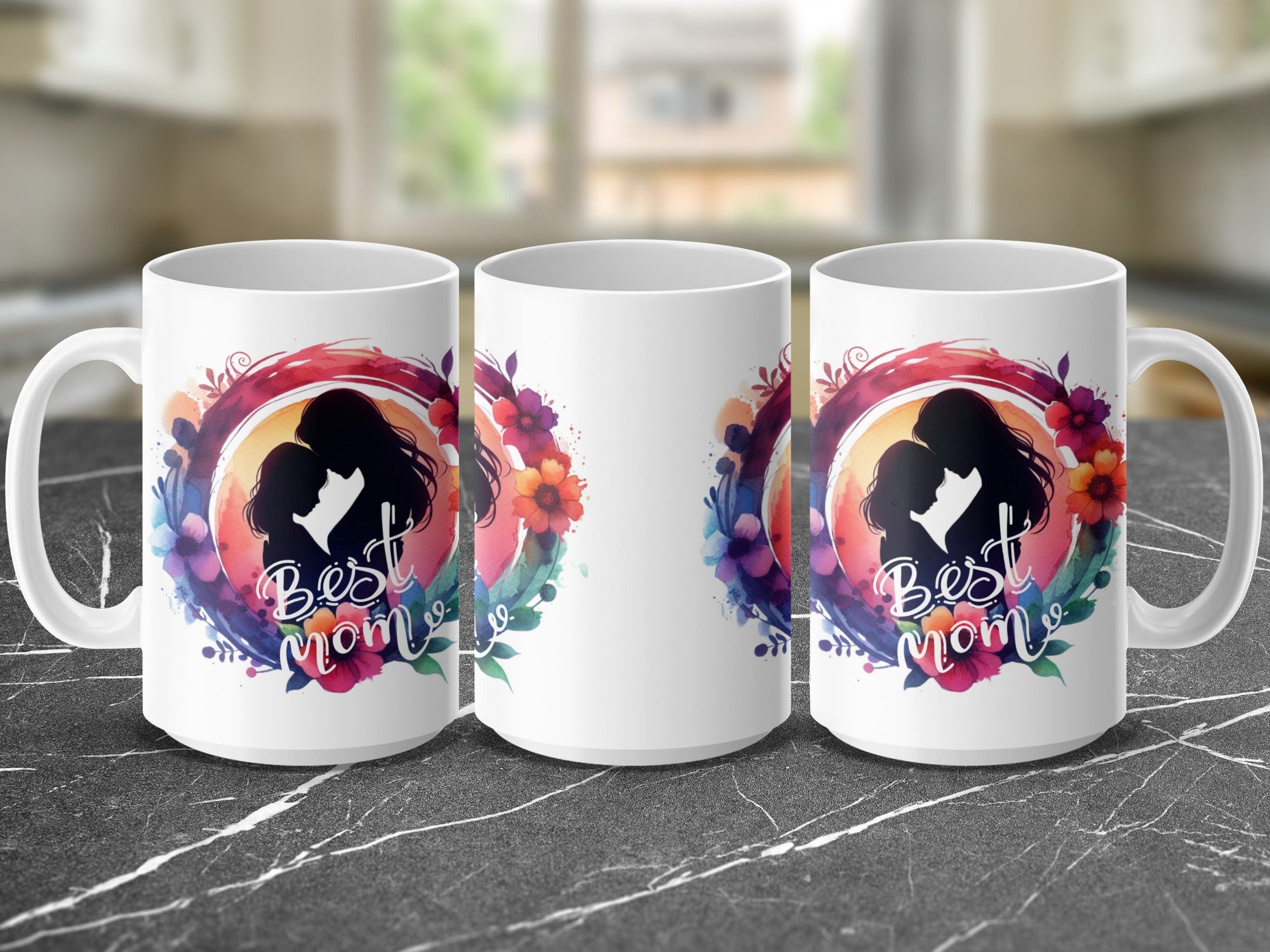 Three white mugs display a colorful silhouette of a mother and child with "Best Mom" text.