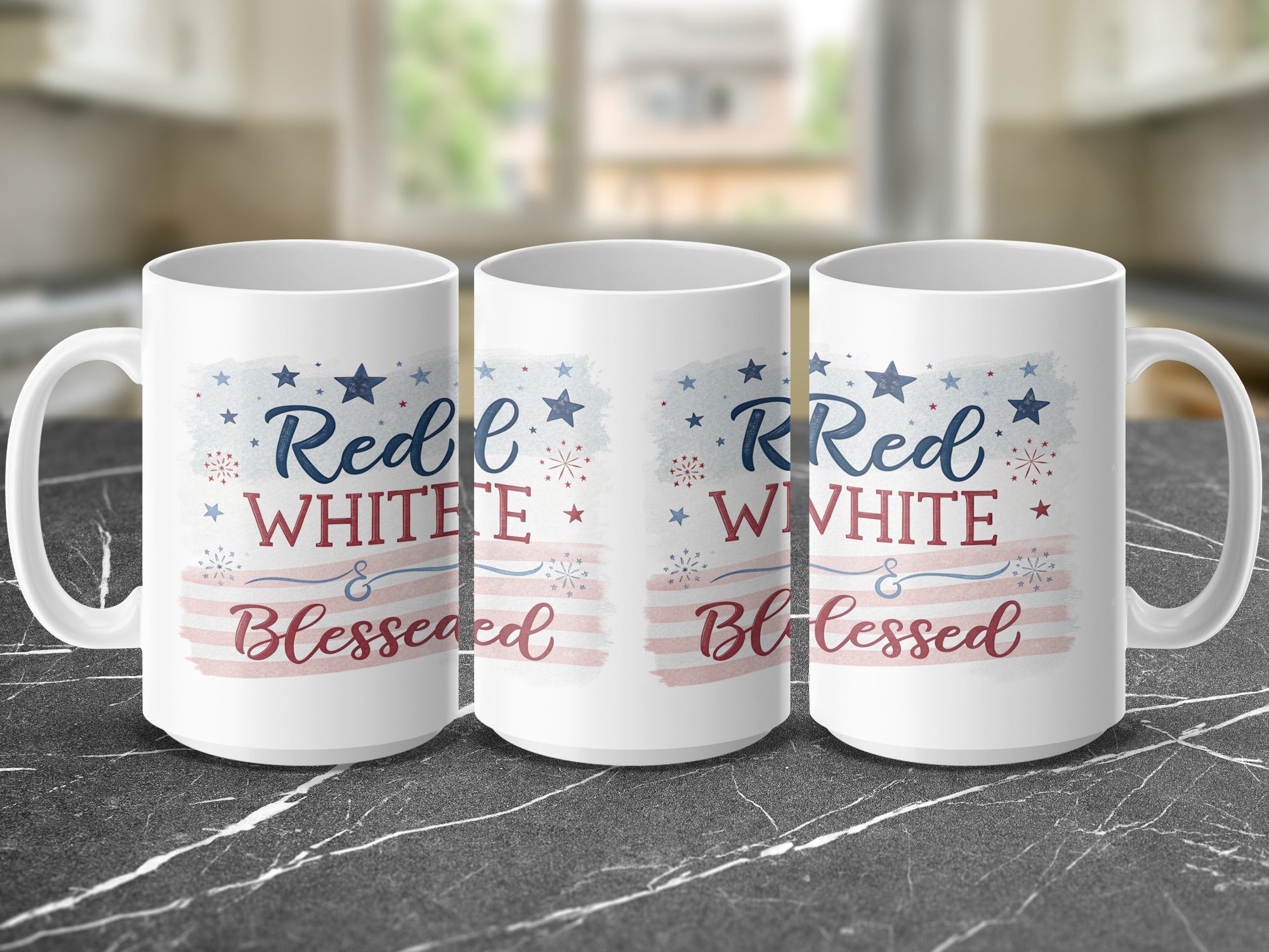 Three mugs with "Red, White & Blessed" text and patriotic stars and stripes.