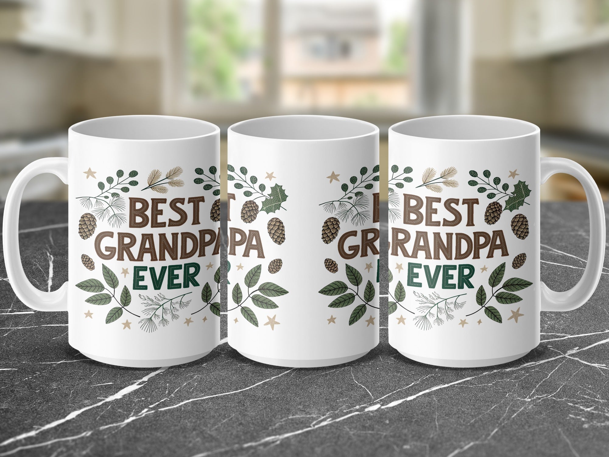 White mug with "BEST GRANDPA EVER" text and pinecone garland design.