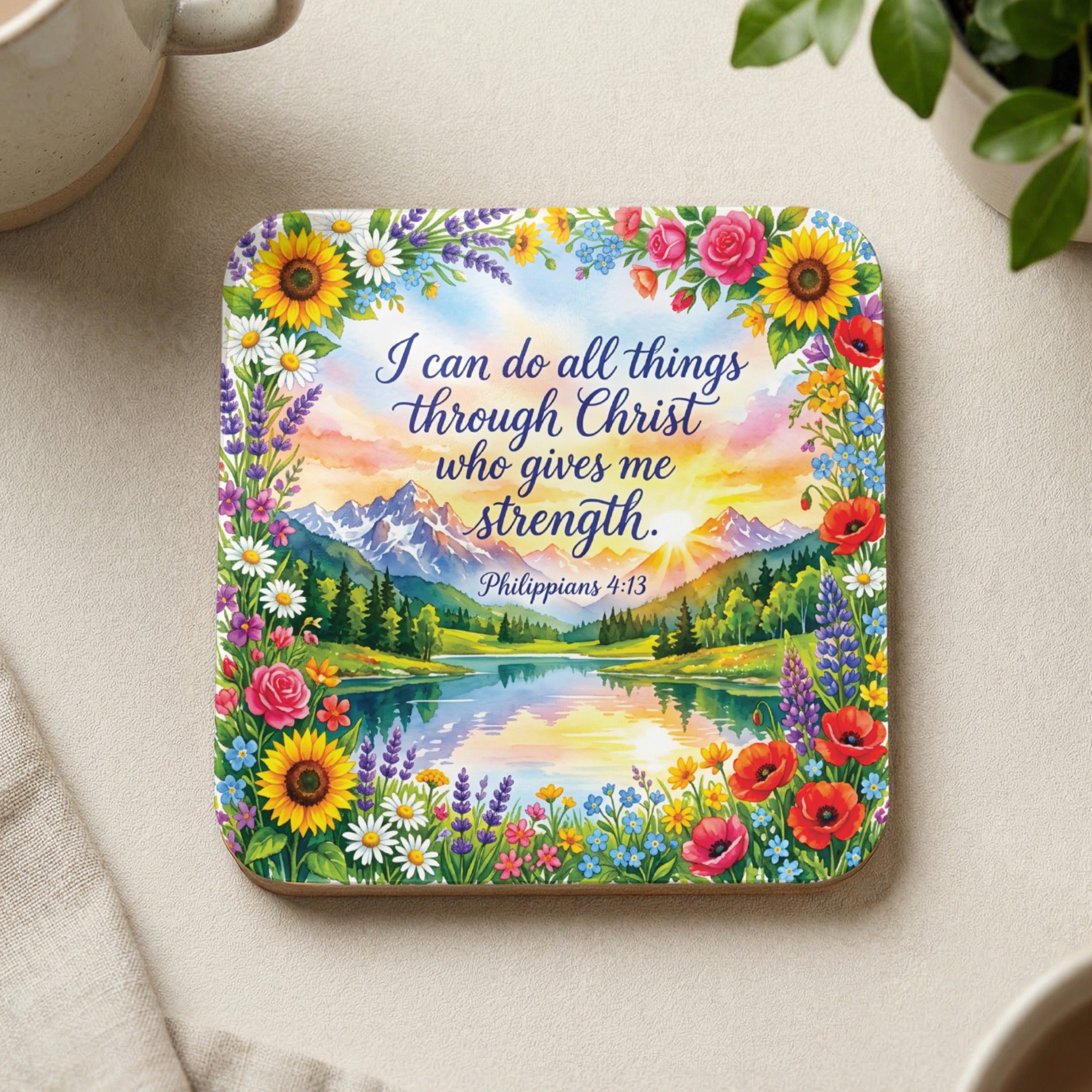 Coaster with vibrant floral border, mountains, lake, and scripture: "I can do all things through Christ who gives me strength."