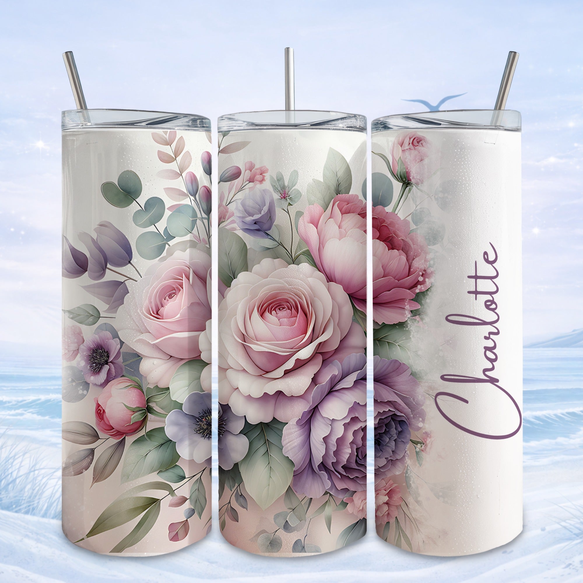 Floral tumbler with "Charlotte" text, featuring pink roses and purple flowers.