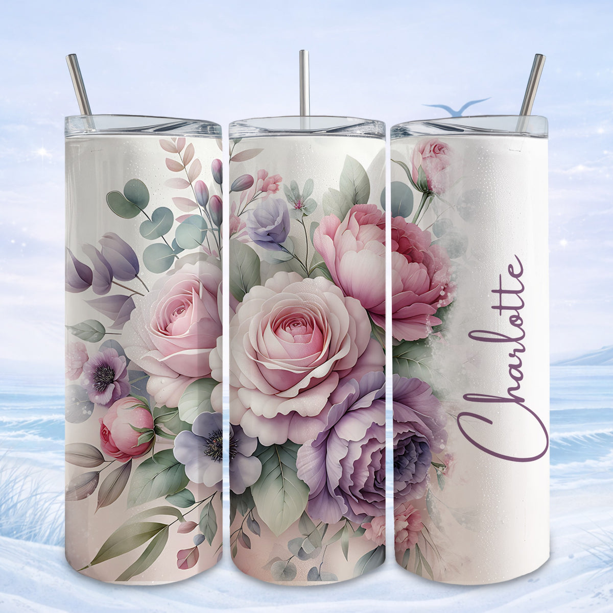 Floral tumbler with "Charlotte" text, featuring pink roses and purple flowers.