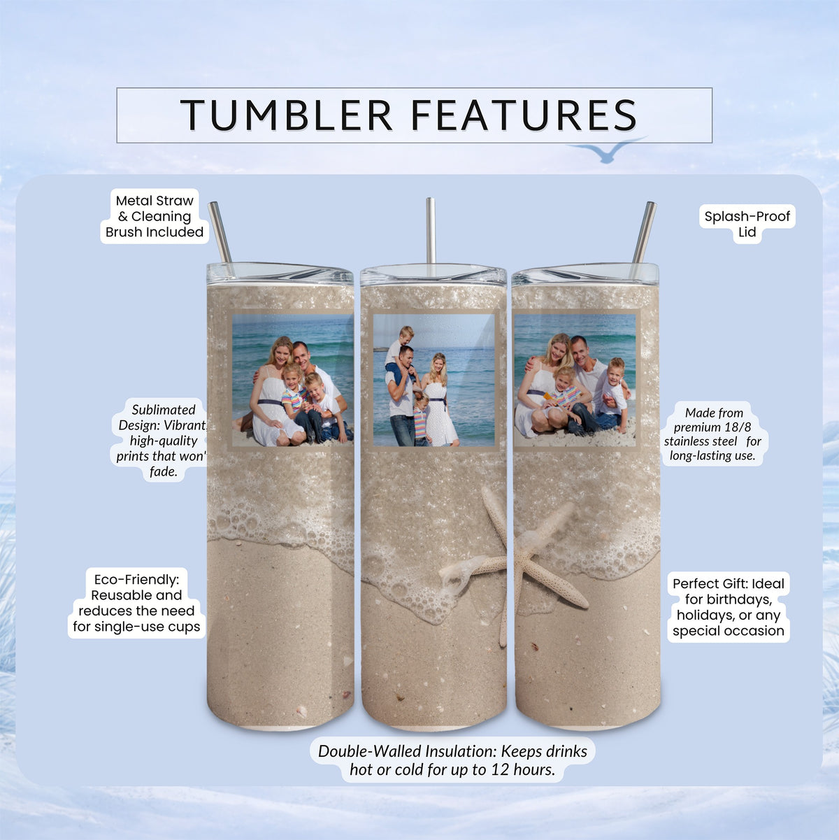 Tumbler with sublimation prints, metal straw, and splash-proof lid.