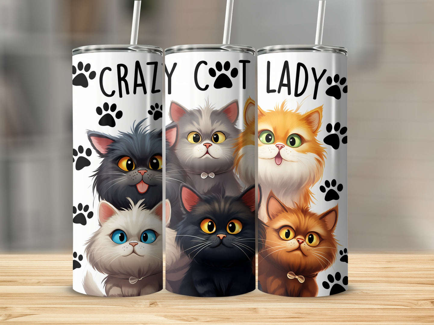 Tumbler with "Crazy Cat Lady" text and five cartoon cats.