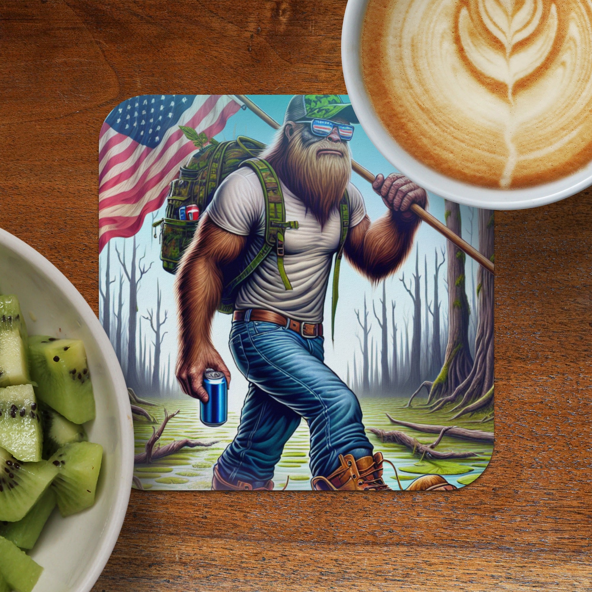 Bigfoot wearing sunglasses and backpack, carrying flag and soda, walking through swamp.