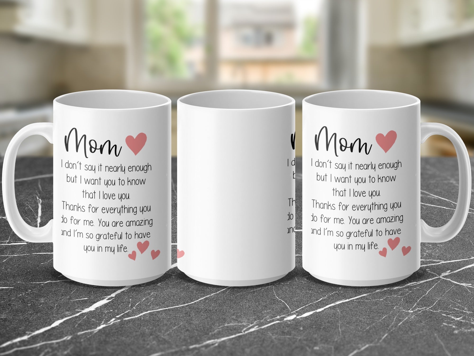 Three mugs with "Mom, I love you" text, showing gratitude.