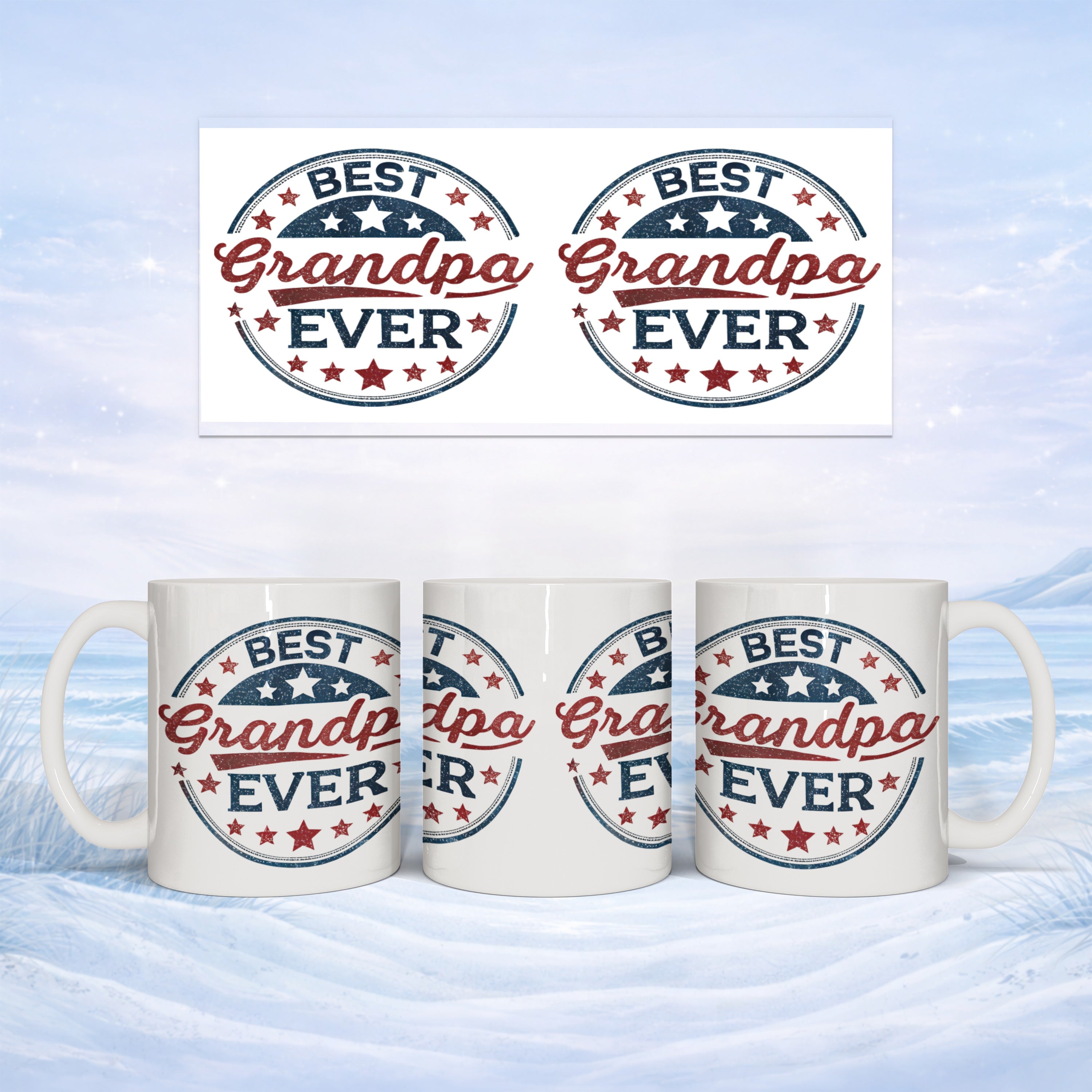 Three white mugs with "BEST Grandpa EVER" stamped design against a snowy background.