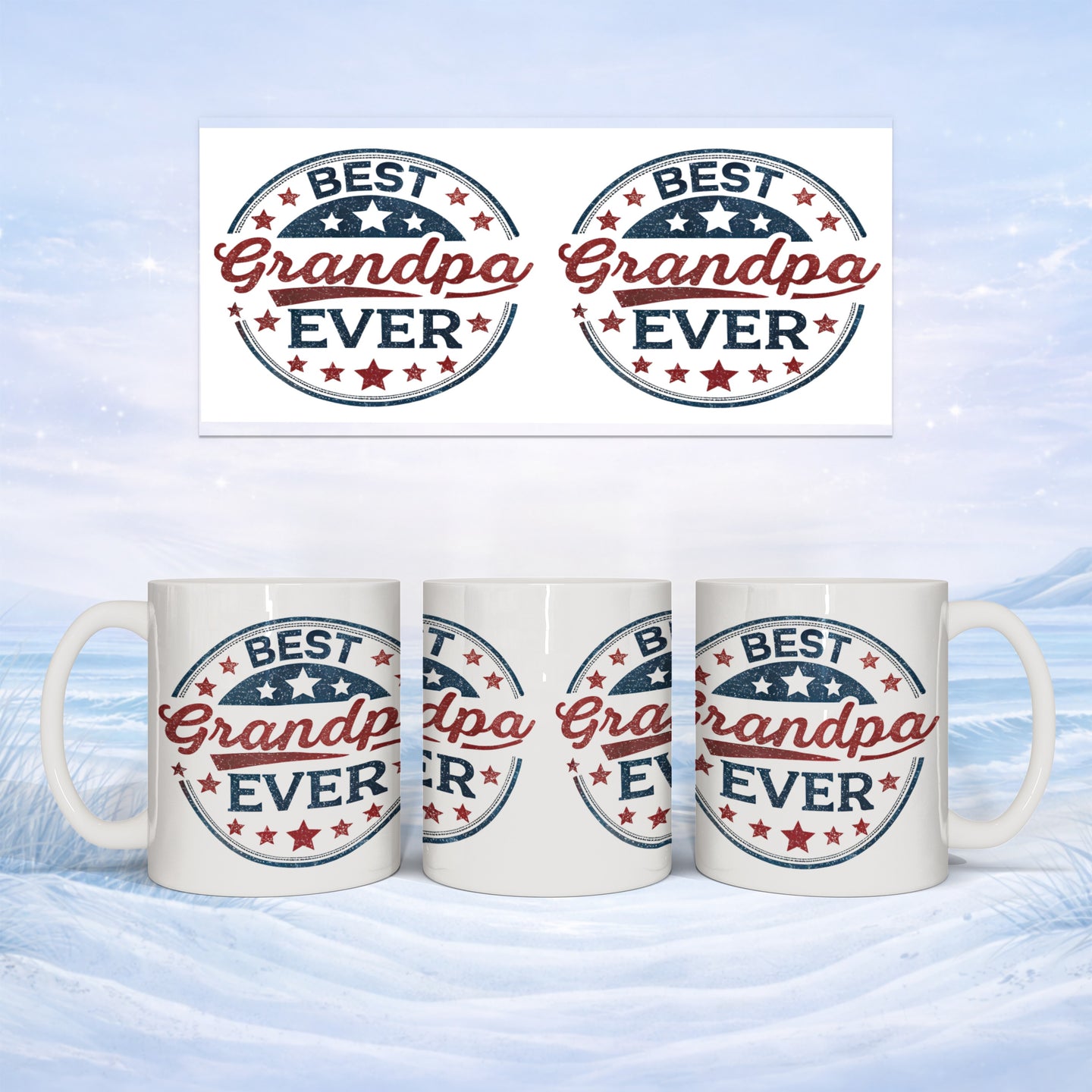 Three white mugs with "BEST Grandpa EVER" stamped design against a snowy background.