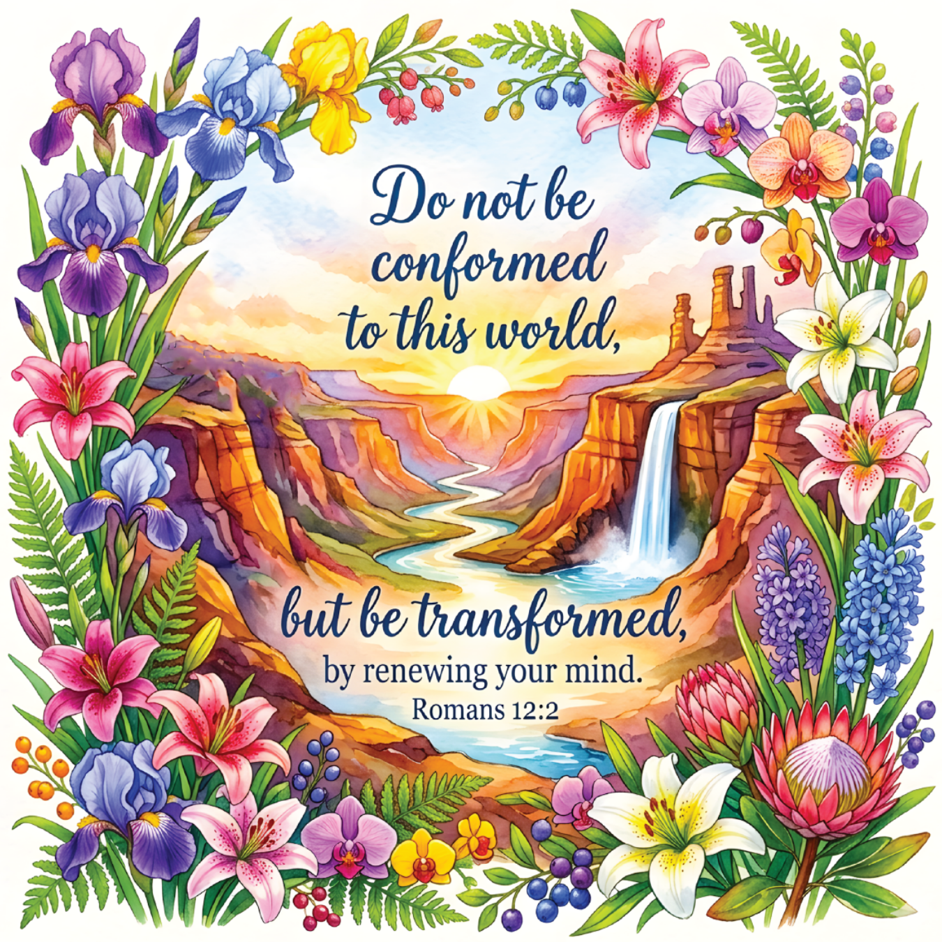Floral border frames canyon scene with waterfall and text "Do not be conformed...Romans 12:2".
