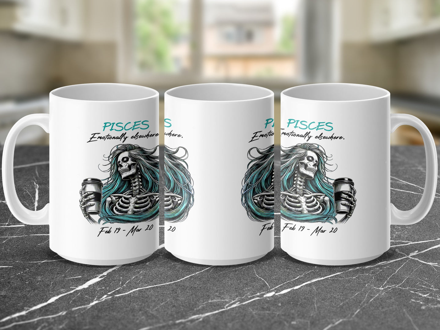 Three white mugs displaying a skeleton and "PISCES" with dates.