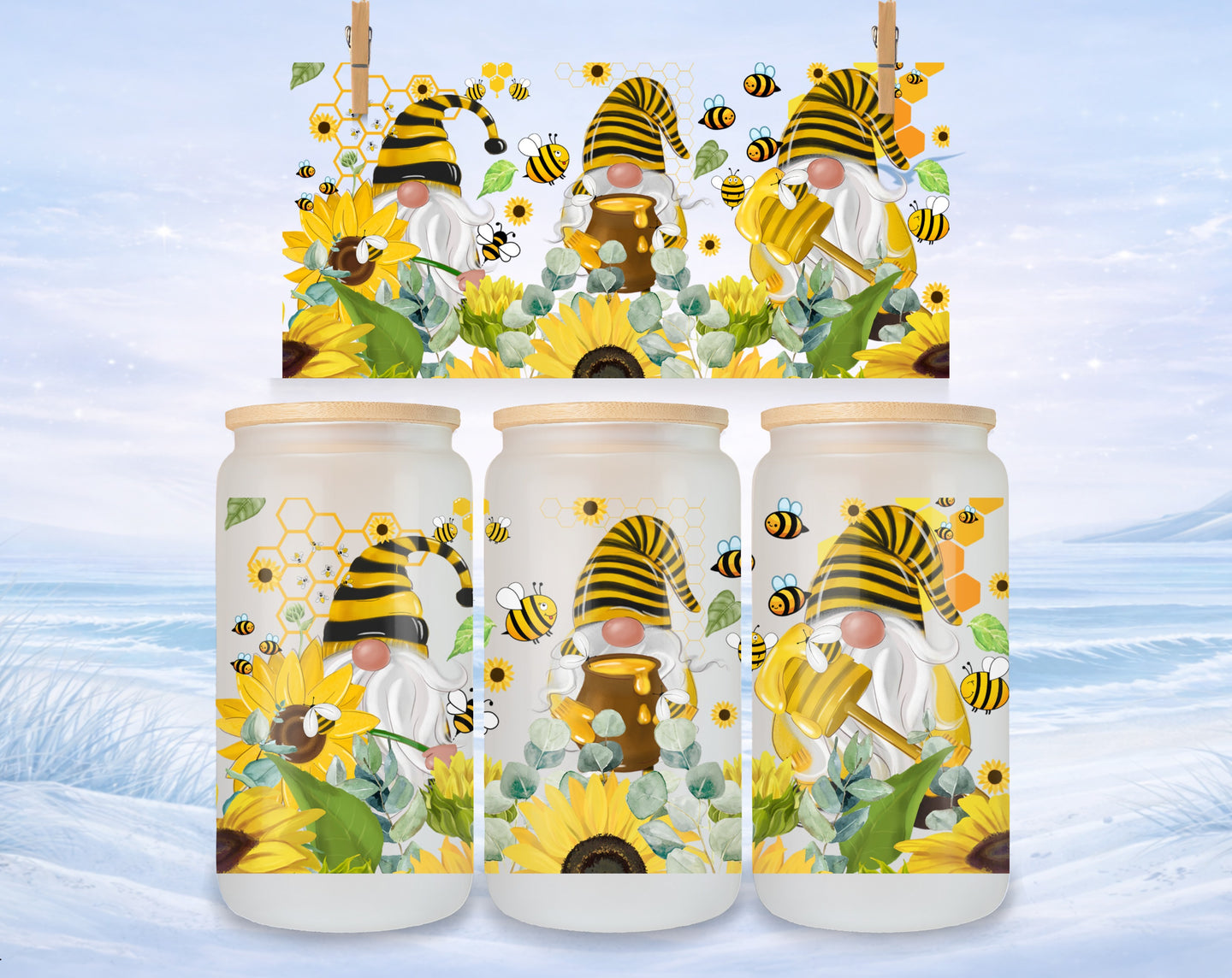 Gnome with sunflowers and bees on a can glass.