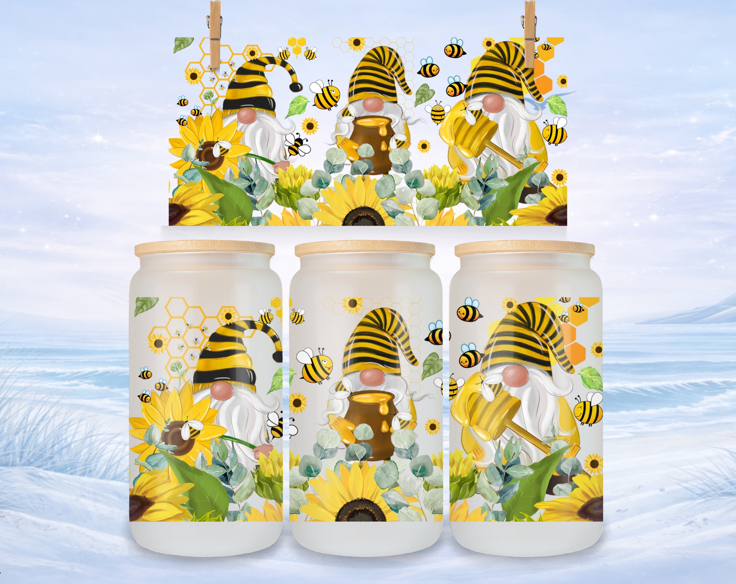 Gnome with sunflowers and bees on a can glass.