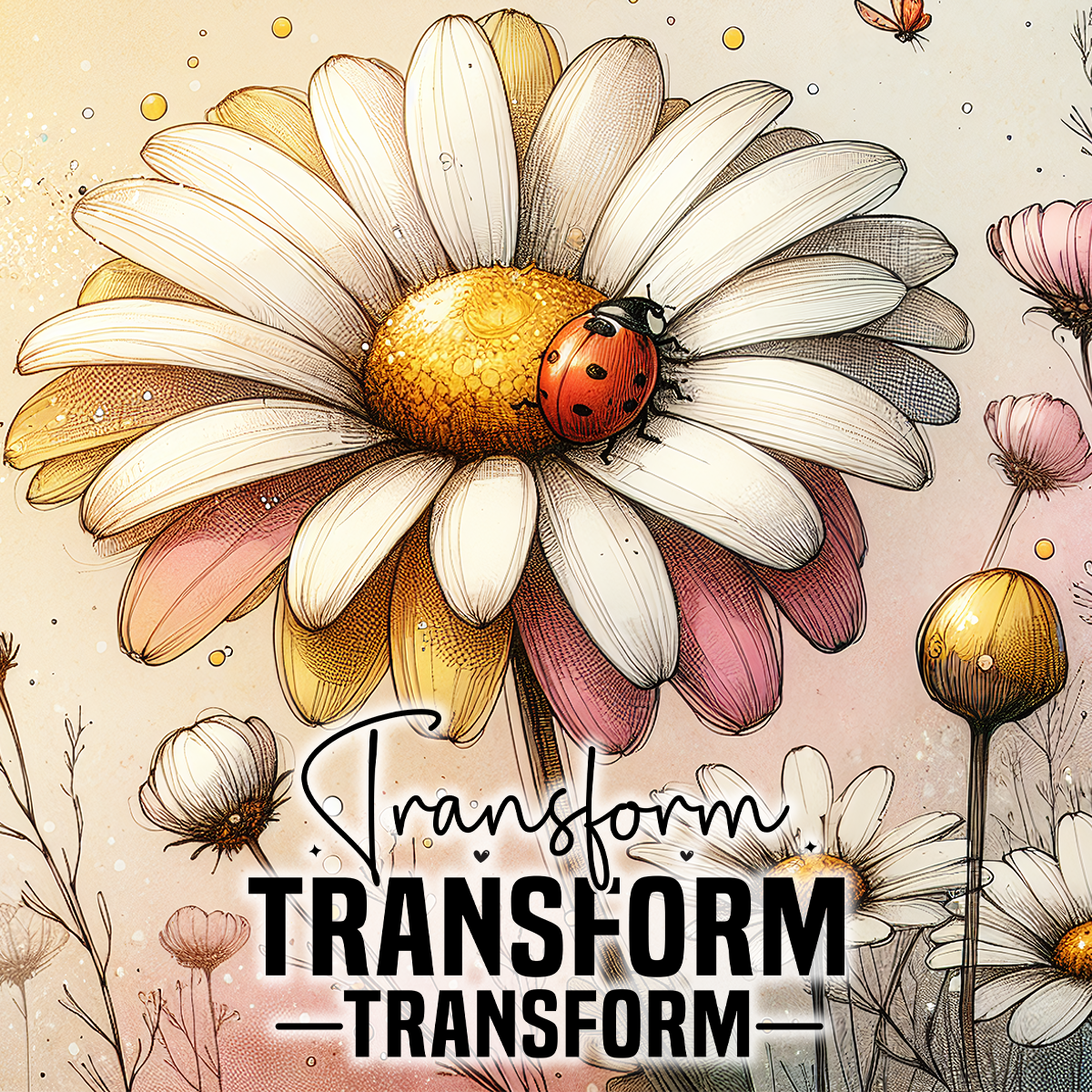 Daisy with ladybug, "Transform" text overlay, and stylized flowers.