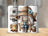Camper, campfire, and gnome in hat and chair holding mug.