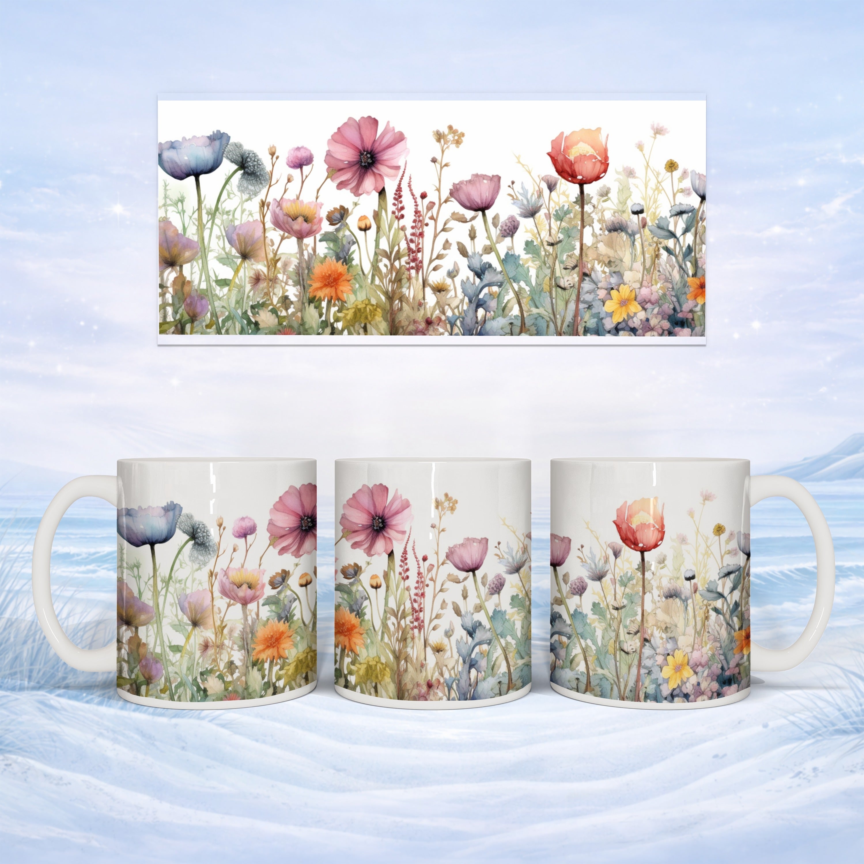Mug with watercolor floral pattern on snowy background.