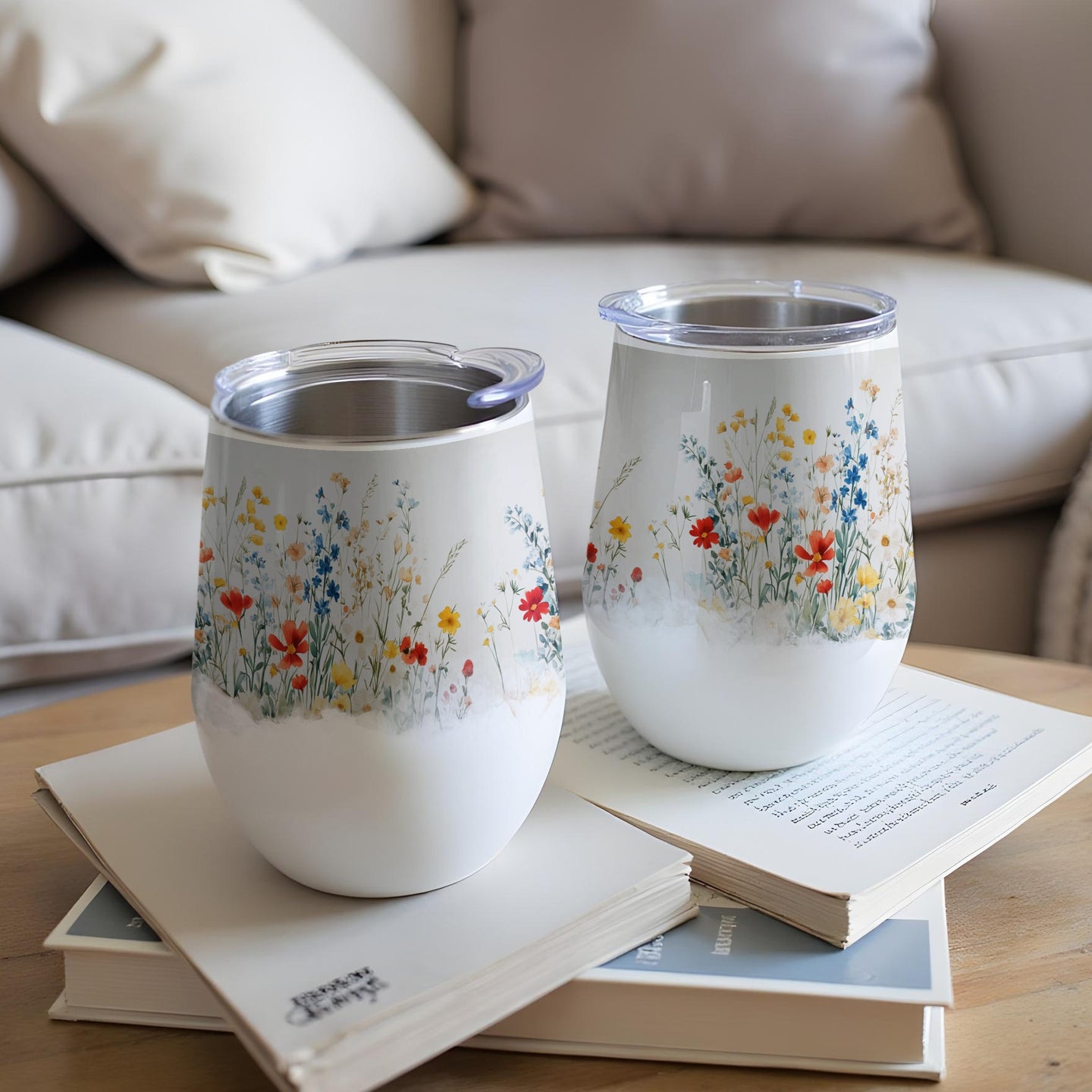 Two stemless wine tumblers with a floral watercolor design on a book.