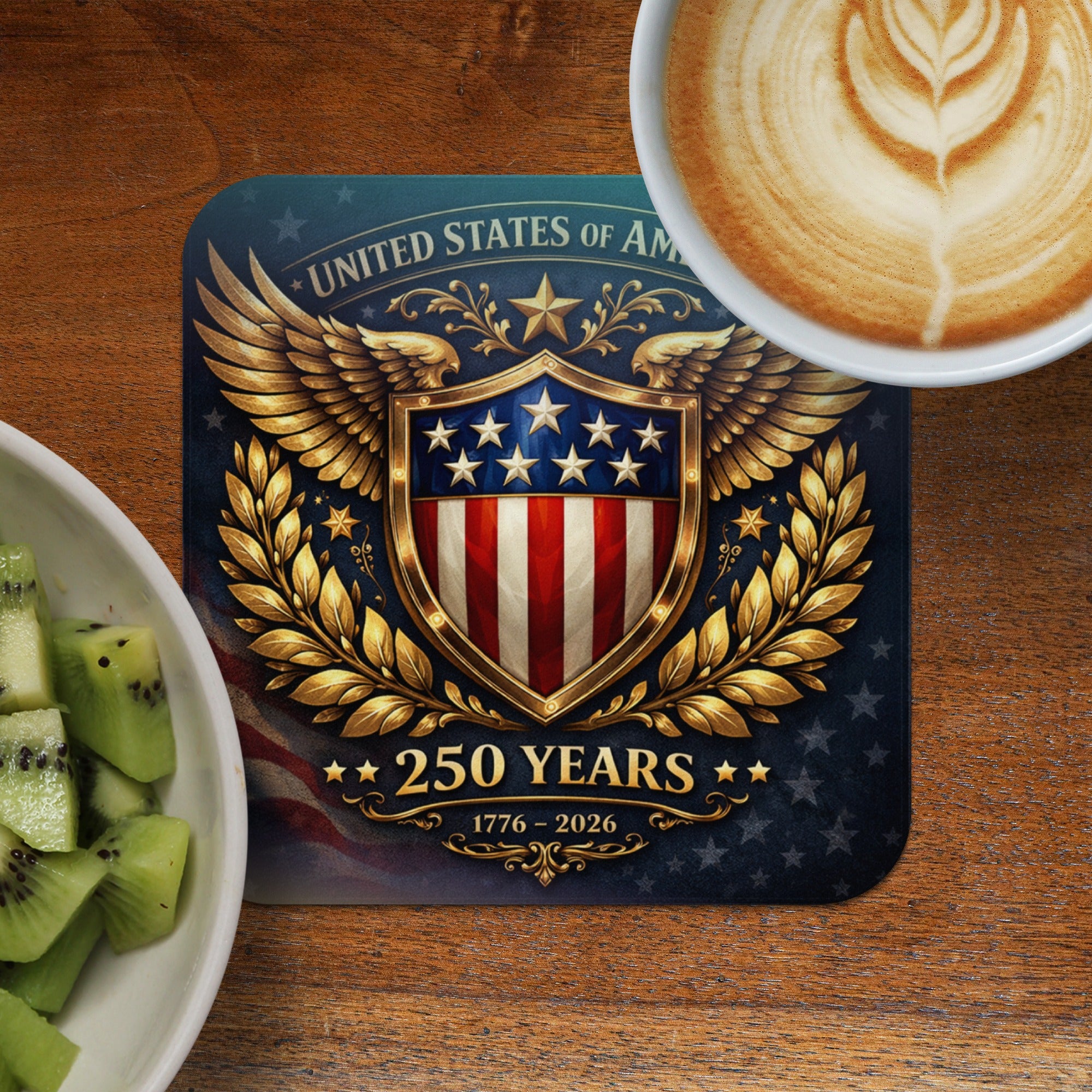 Coaster with US shield, wings, and "250 Years 1776 - 2026" text.